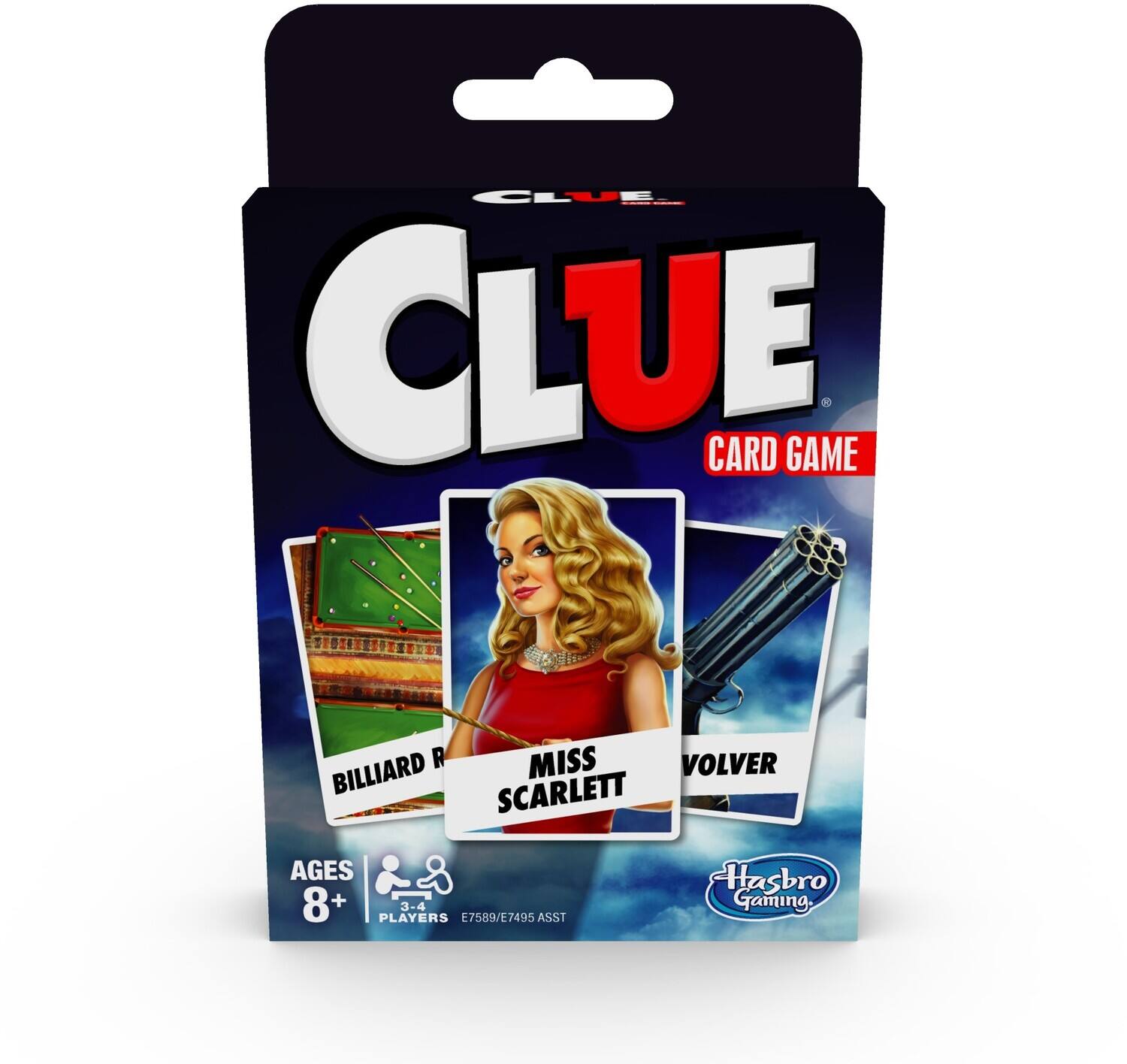 CLUE CARD GAME  
MISS SCARLETT  
BILLIARD ROOM  
REVOLVER  
AGES 8+  
3-4 PLAYERS  
E/589/E7495 ASST  
Hasbro Gaming