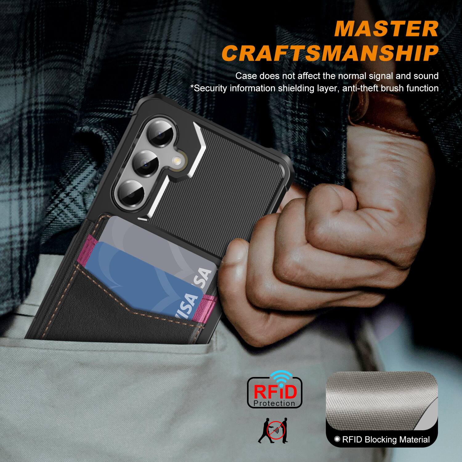 MASTER CRAFTSMANSHIP  
Case does not affect the normal signal and sound  
*Security information shielding layer, anti-theft brush function  

RFID Protection  
RFID Blocking Material