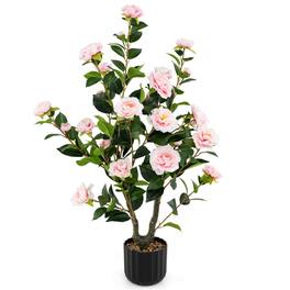 Costway - 38" Artificial Camellia Tree Faux Floral Plant Fake Tree for Decoration - Pink