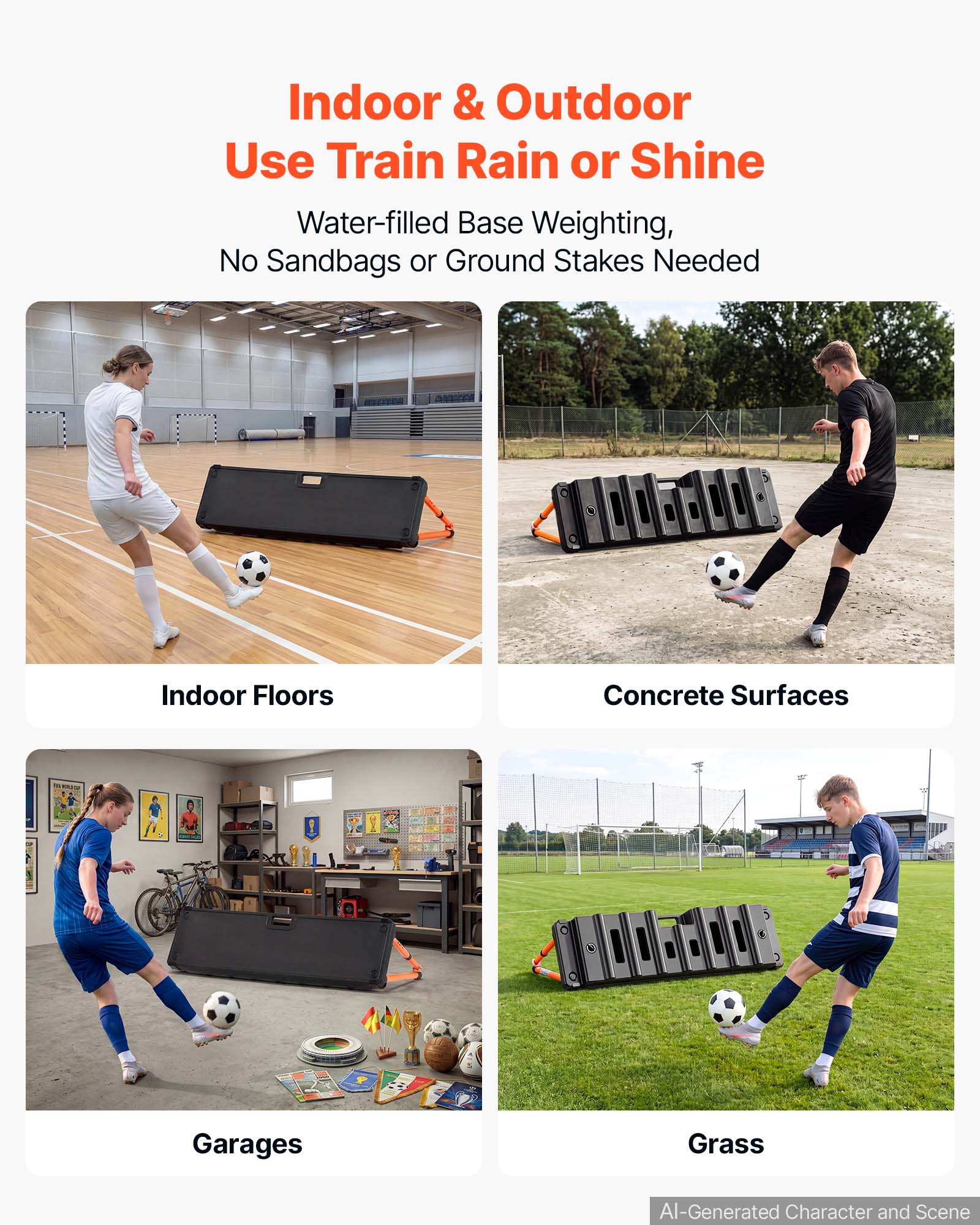 Indoor & Outdoor Use Train Rain or Shine  
Water-filled Base Weighting, No Sandbags or Ground Stakes Needed  

Indoor Floors  
Concrete Surfaces  
Garages  
Grass  

AI-Generated Character and Scene