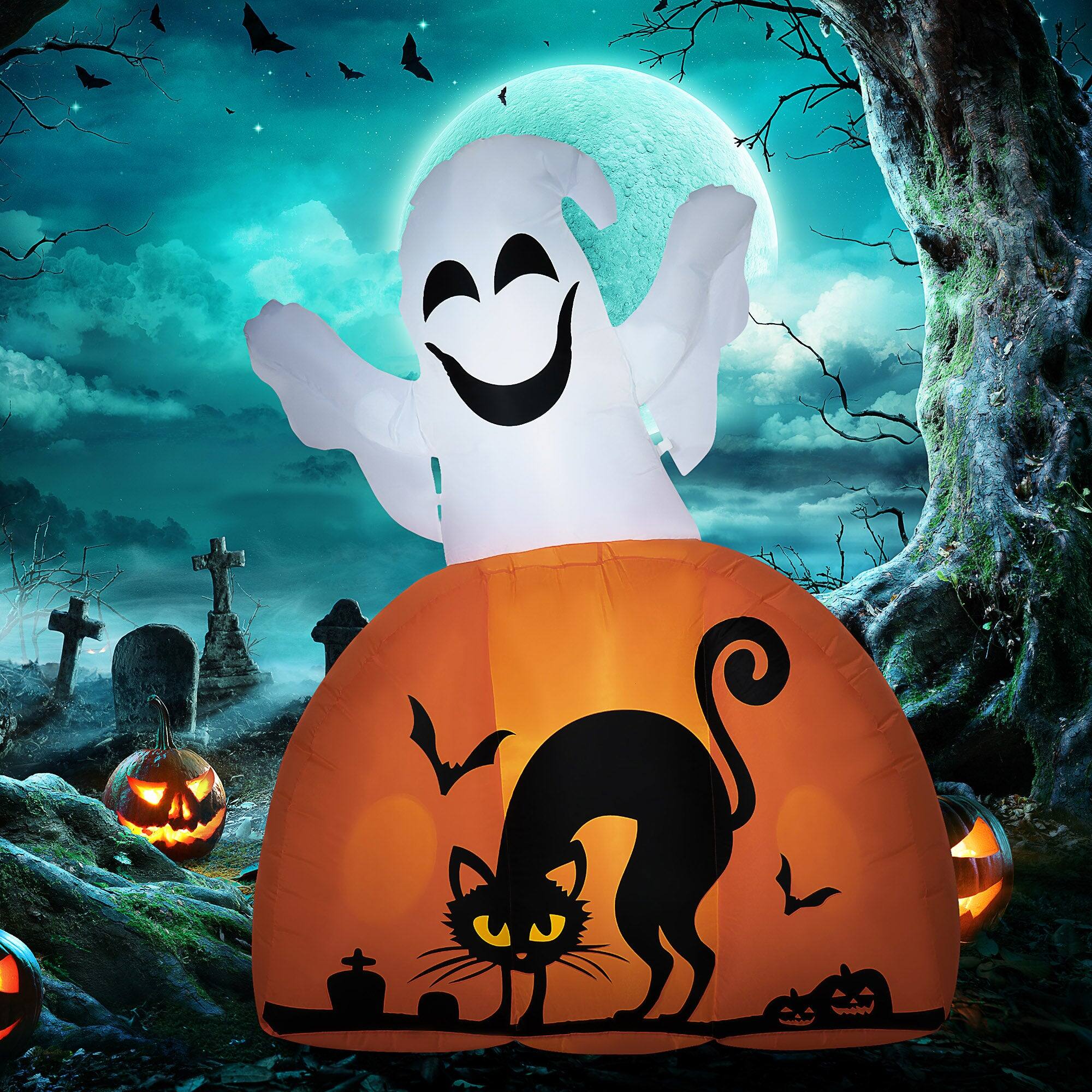 Alt View 8. Boyel Living - 5ft Halloween Inflatable Ghost with Pumpkin Base Lighted Waterproof Outdoor Yard Decoration with LED Lights - White.