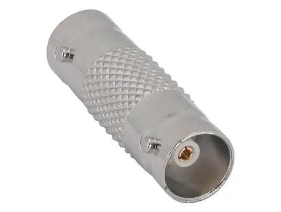 Front. Cable Leader - BNC Female to Female 75-Ohm Coupler, Barrel Adapter, Fully Molded - Silver.