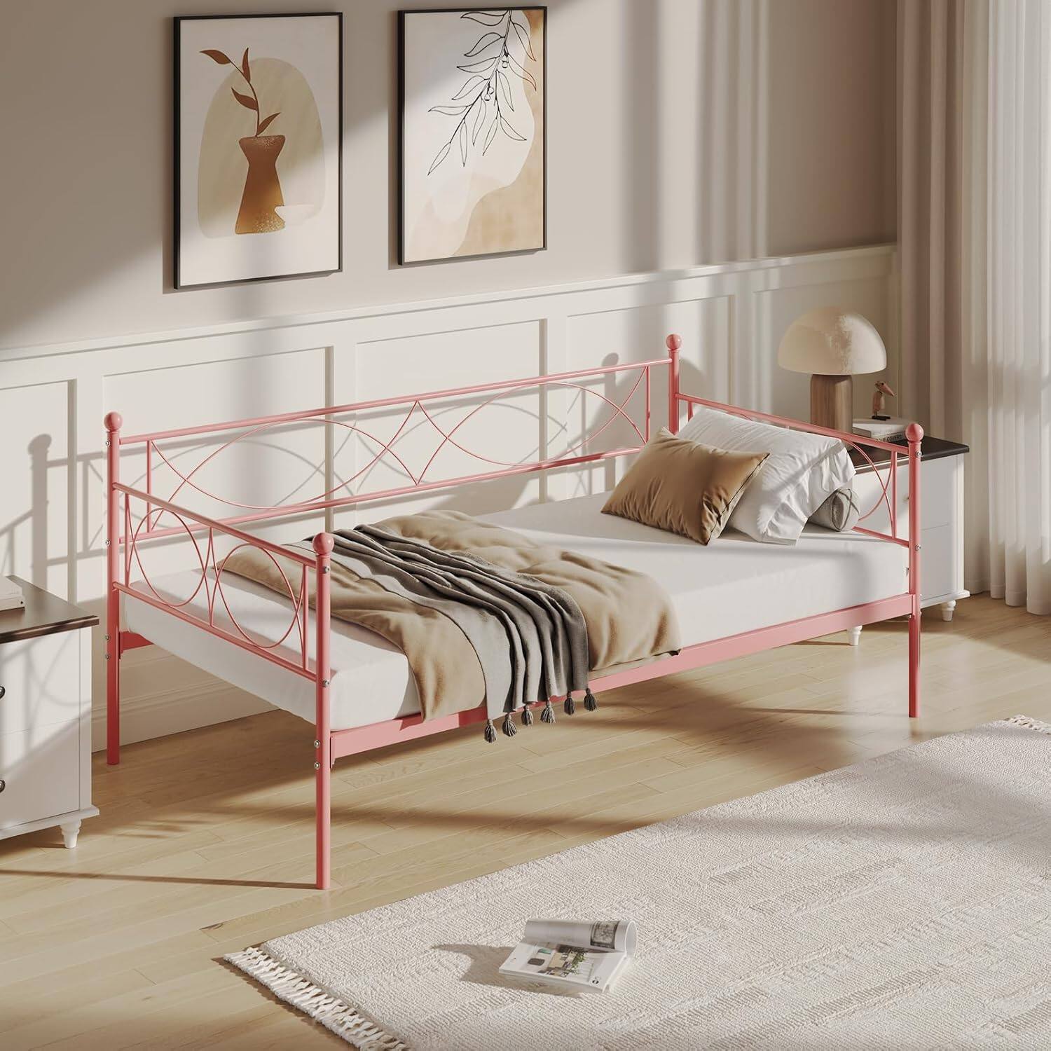 Alt View 5. GARVEE - Twin Size Daybed with Trundle - Metal Daybed Frame with Steel Slats, Headboard & Roll-Out Bed (Pink Daybed) - Pink.