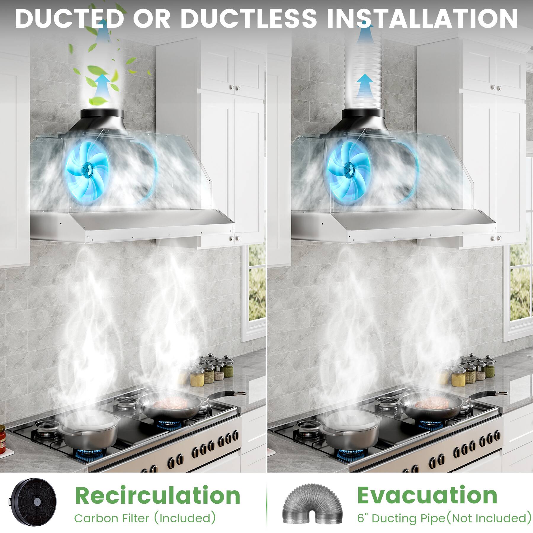 DUCTED OR DUCTLESS INSTALLATION

Recirculation
Carbon Filter (Included)

Evacuation
6" Ducting Pipe (Not Included)