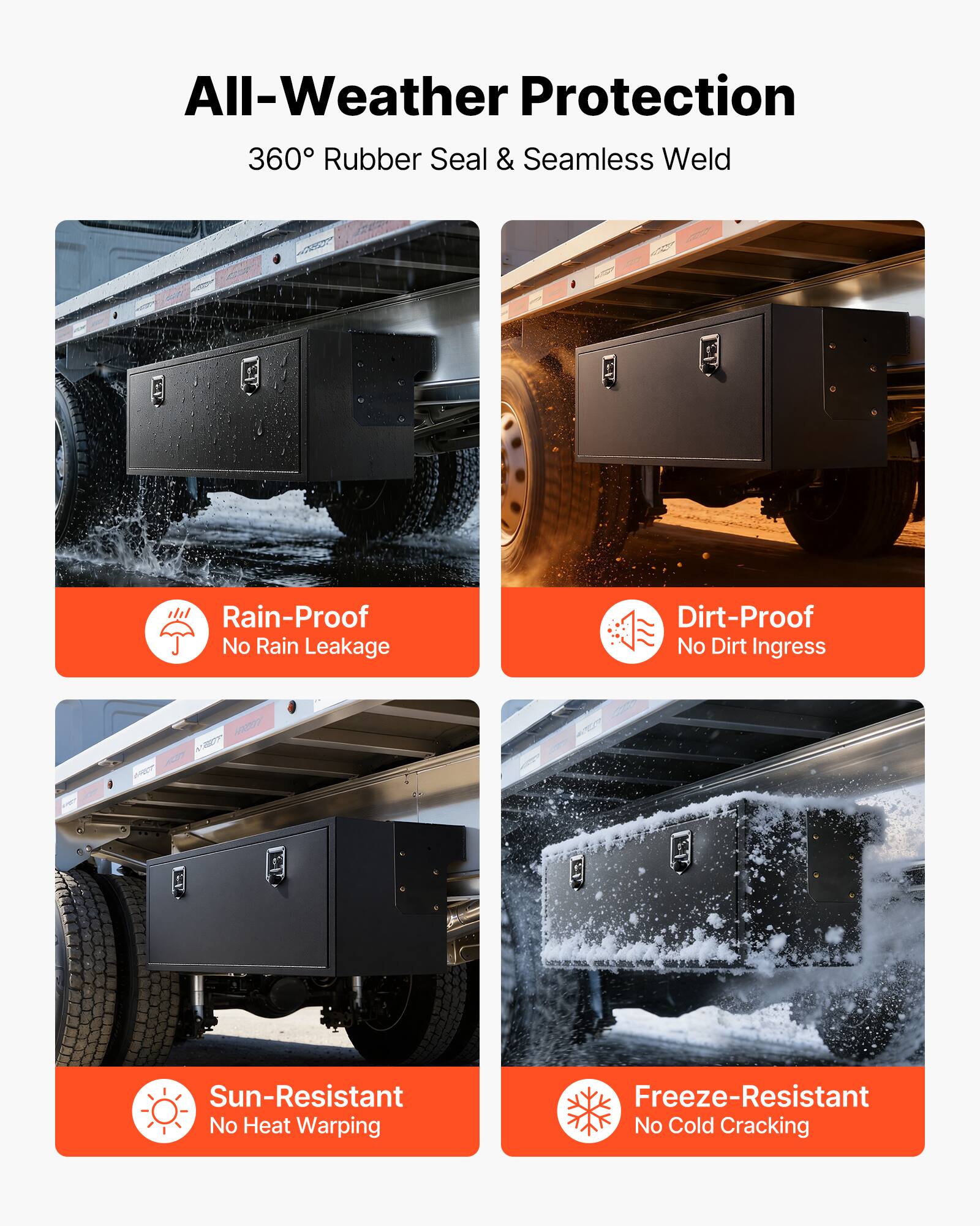 All-Weather Protection  
360° Rubber Seal & Seamless Weld  

- Rain-Proof  
  No Rain Leakage  

- Dirt-Proof  
  No Dirt Ingress  

- Sun-Resistant  
  No Heat Warping  

- Freeze-Resistant  
  No Cold Cracking
