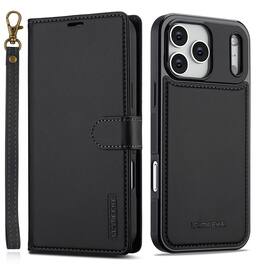 Dteck - For Apple iPhone 18 Pro Max Premium PU Leather Detachable Folio Card Slots Wallet Phone Case With Wrist Strap - Black