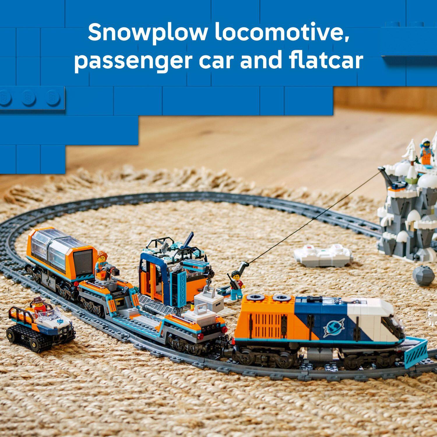 Snowplow locomotive, passenger car and flatcar