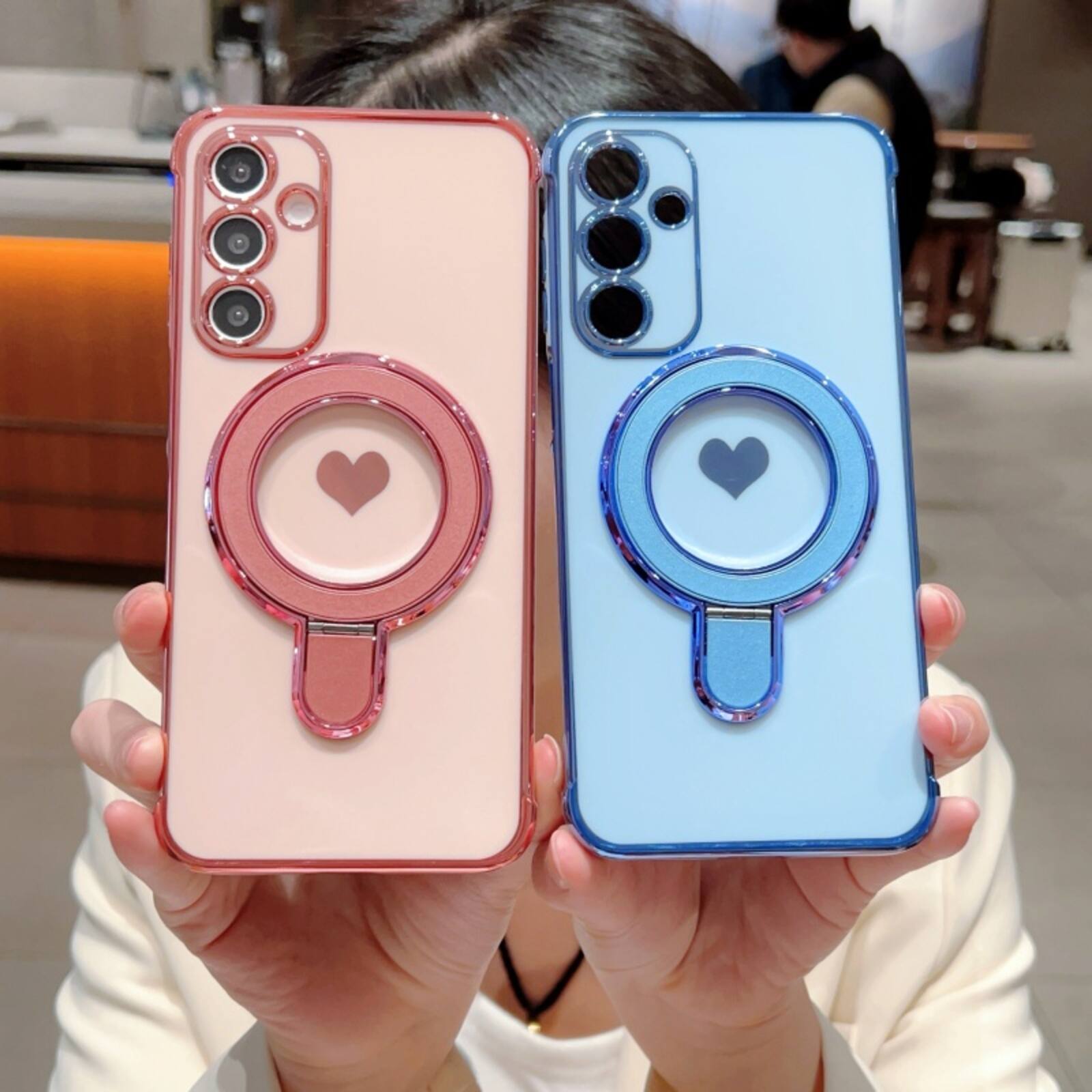 Alt View 6. UUCOVER - Magnetic Ring Kickstand Case for Samsung Galaxy A16 5G/4G Compatible with MagSafe, Electroplated Heart Pattern TPU Cover - Rose.