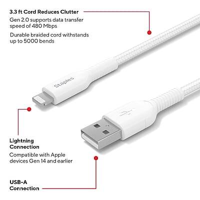 3.3 ft Cord Reduces Clutter  
Gen 2.0 supports data transfer speed of 480 Mbps  
Durable braided cord withstands up to 5000 bends  

Lightning Connection  
Compatible with Apple devices Gen 14 and earlier  

USB-A Connection