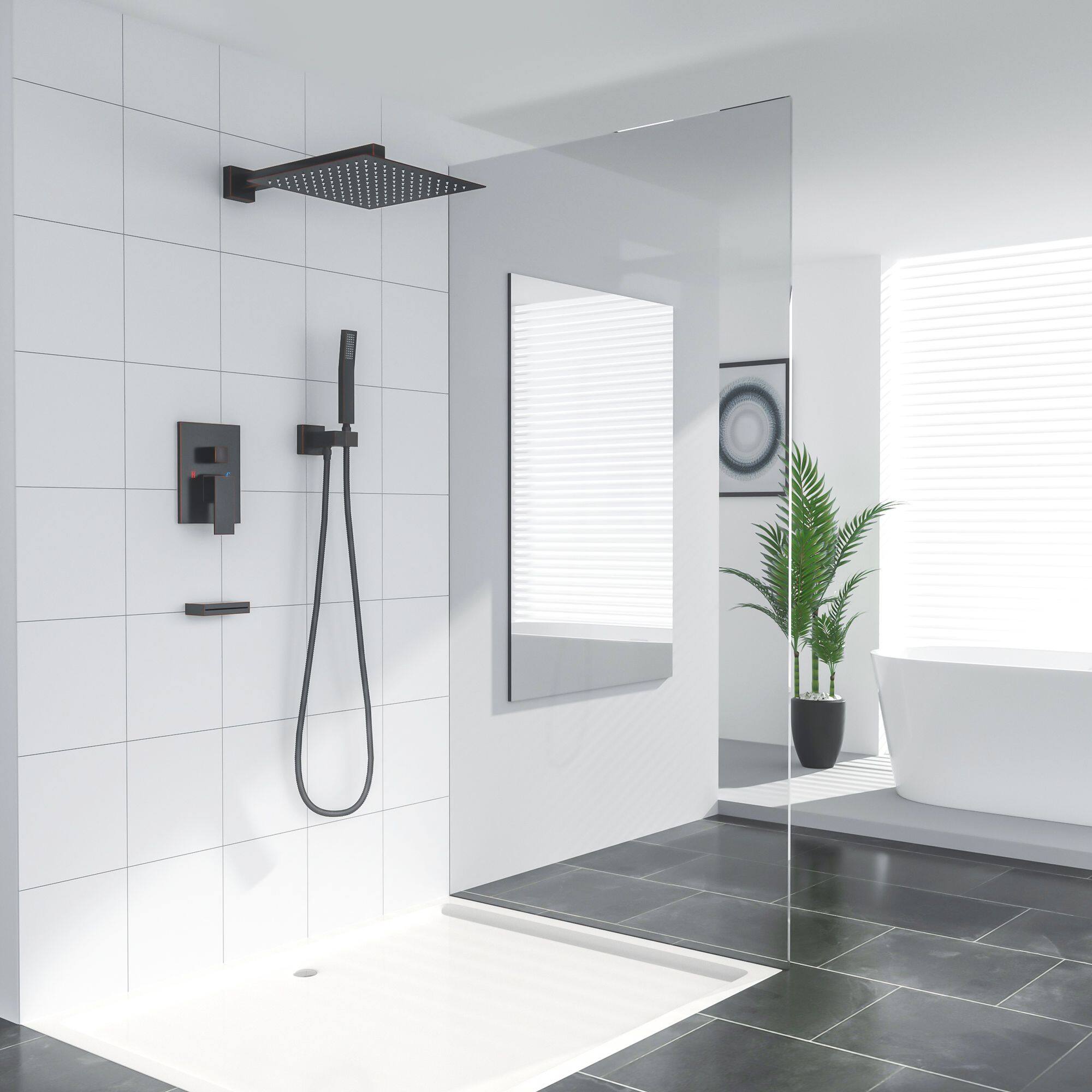 Angle. Lordear - Shower System with Waterfall Tub Spout,12 Inch Wall Mounted Square Shower System with Rough-in Valve,Oil Rubber Bronze - Oil Rubber Bronze.