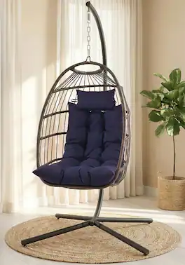 SereneLife - Egg Chair with Stand, Hanging Rattan Swing, 350 lbs Capacity, Breathable Cushion & Headrest - SWC66DB