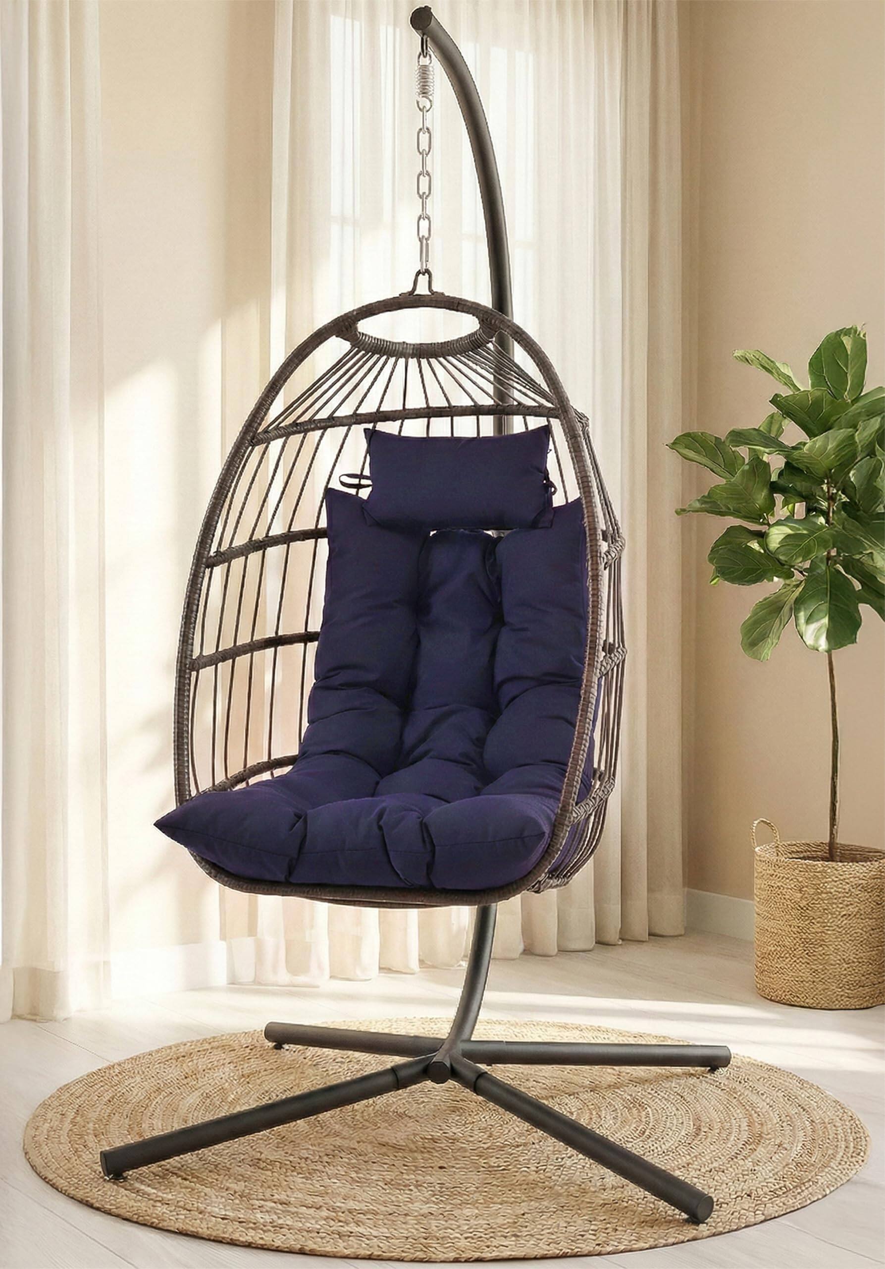 Front. SereneLife - SereneLife Egg Chair with Stand, Hanging Rattan Swing, 350 lbs Capacity, Breathable Cushion & Headrest - SWC66DB.