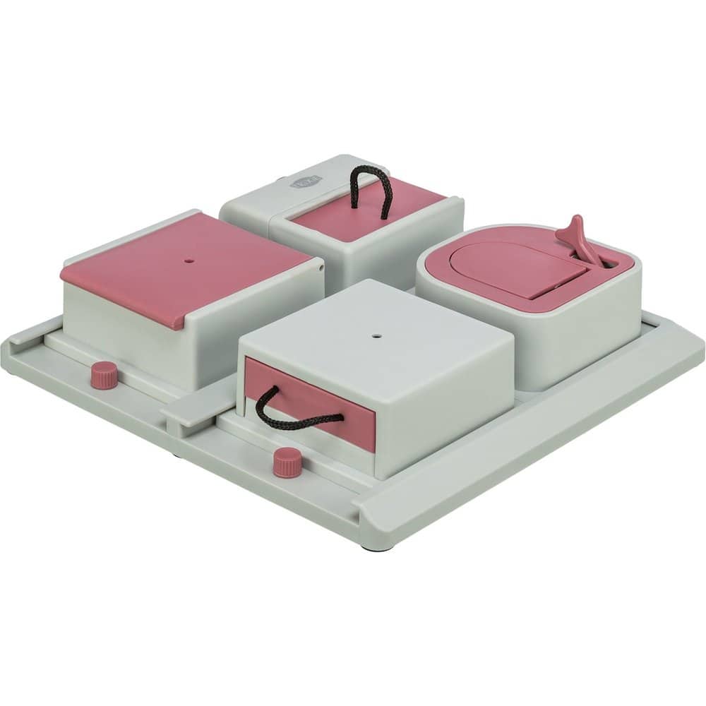 TRIXIE - Poker Box Strategy Game for Cats, Puzzle Toy, Treat Dispenser, Interactive Play - Pink/Gray