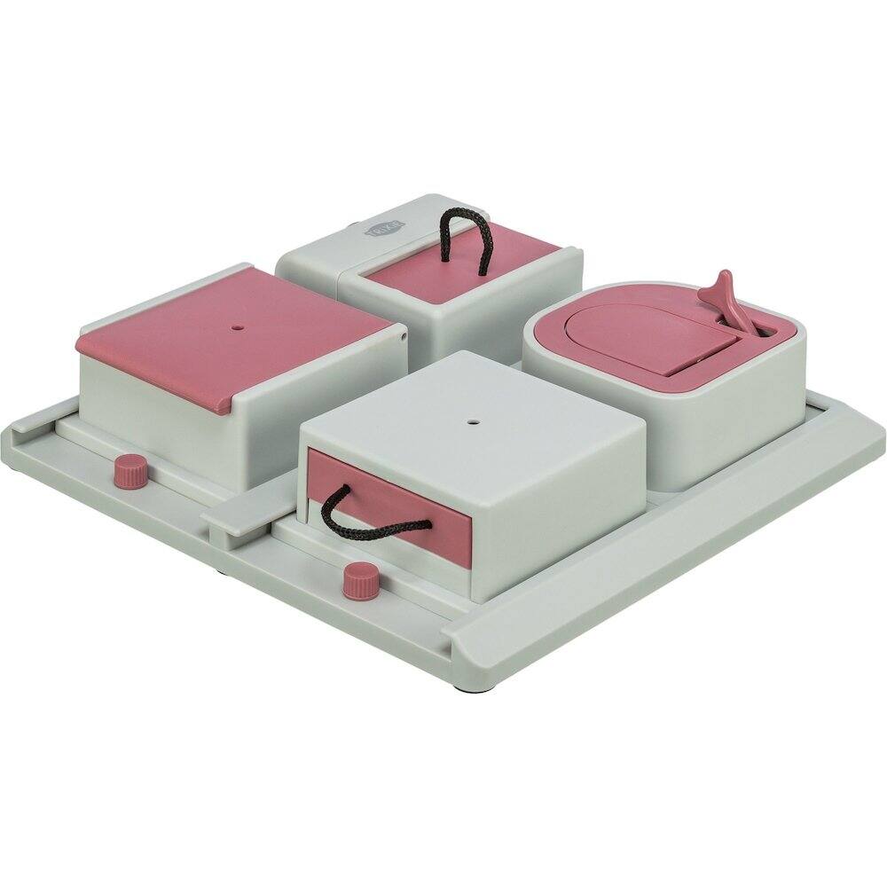 Front. TRIXIE - Poker Box Strategy Game for Cats, Puzzle Toy, Treat Dispenser, Interactive Play - Pink/Gray.