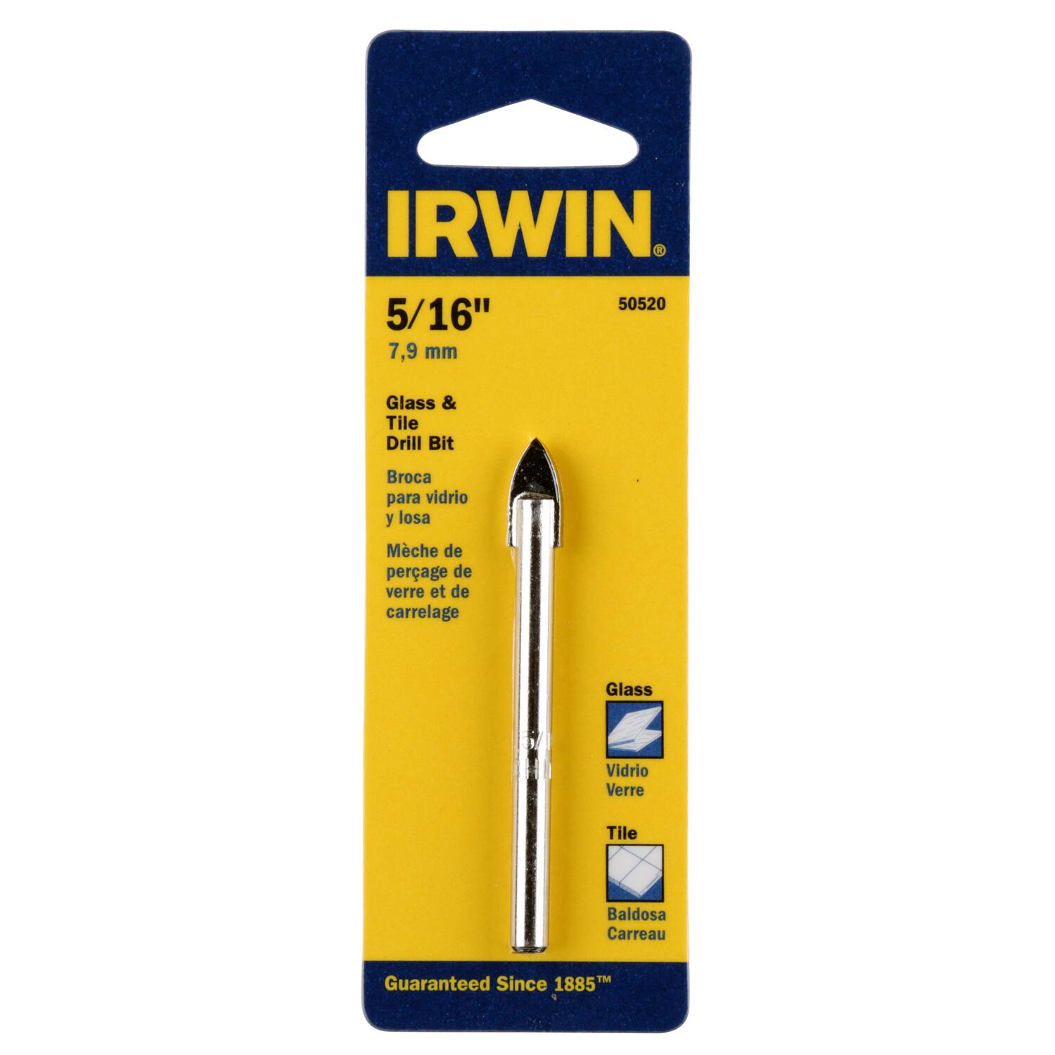 IRWIN  
50520  
5/16"  
7,9 mm  
Glass & Tile Drill Bit  
Broca para vidrio y losa  
Mèche de perçage de verre et de carrelage  
Glass  
Vidrio  
Verre  
Tile  
Baldosa  
Carreau  
Guaranteed Since 1885™