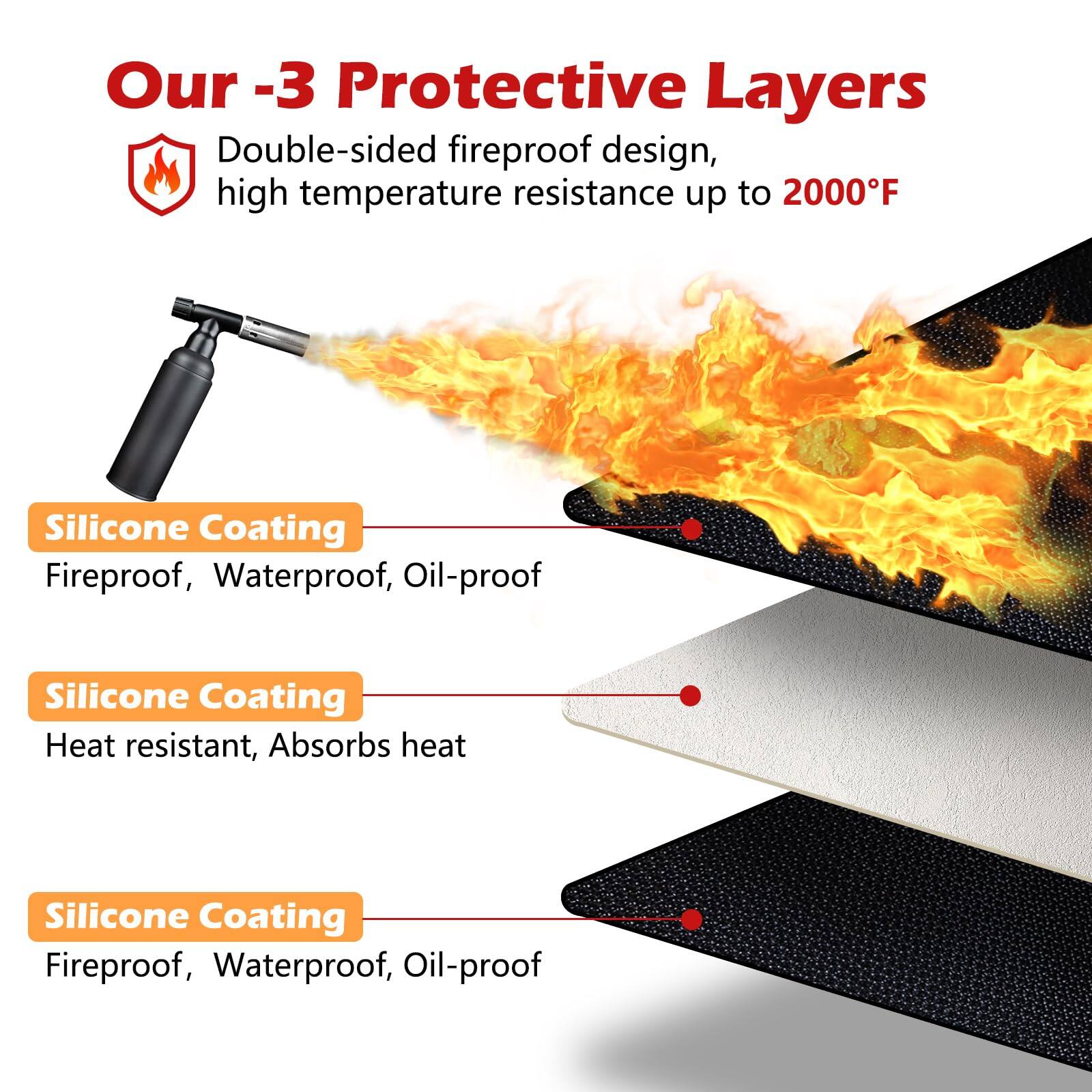 Our -3 Protective Layers

Double-sided fireproof design, high temperature resistance up to 2000°F

Silicone Coating
Fireproof, Waterproof, Oil-proof

Silicone Coating
Heat resistant, Absorbs heat

Silicone Coating
Fireproof, Waterproof, Oil-proof
