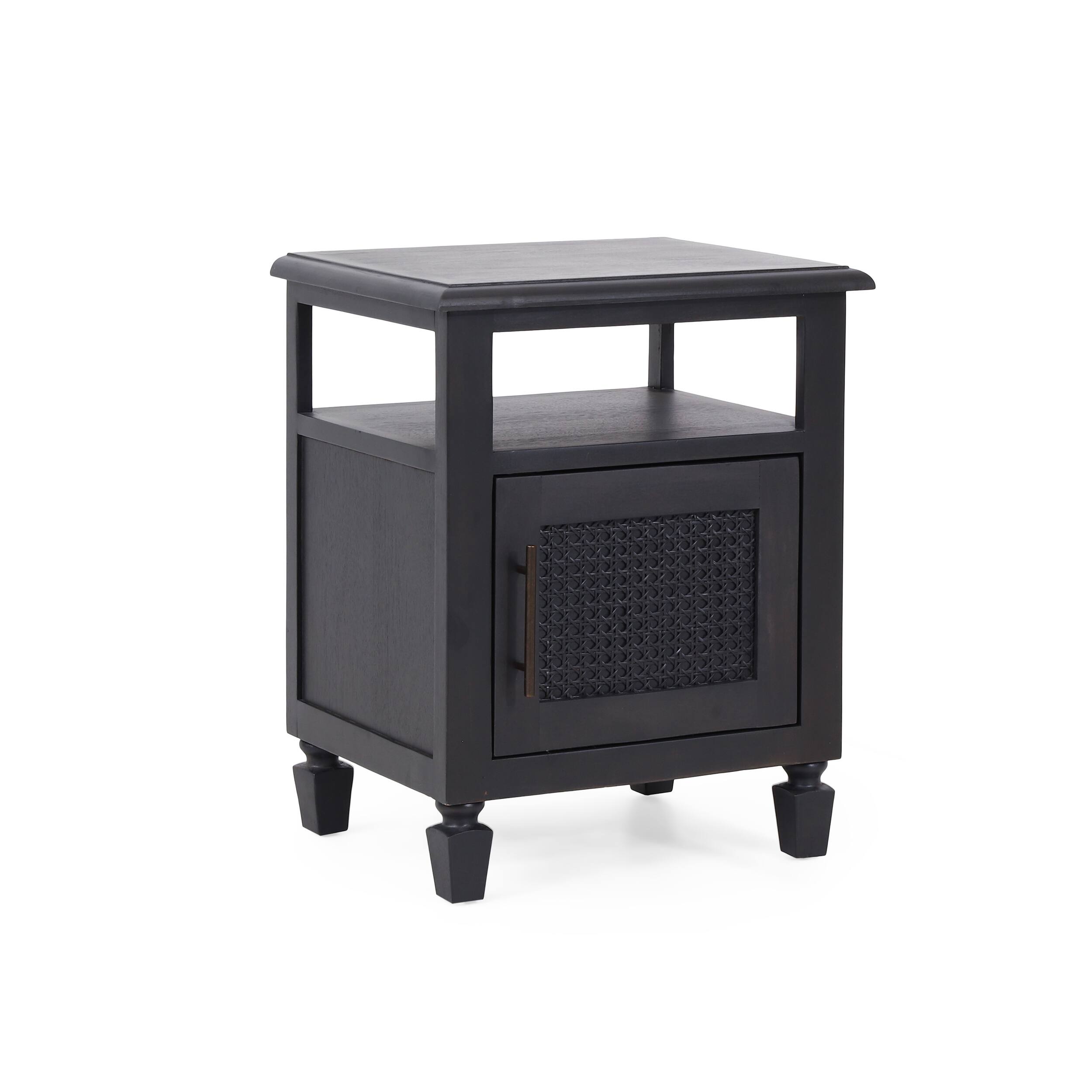 Front. Spaco - Spaco Acacia Wood Nightstand, Rustic Cane Webbing Cabinet and Open Shelf Storage for Bedroom, Living Room - DARK GREY.