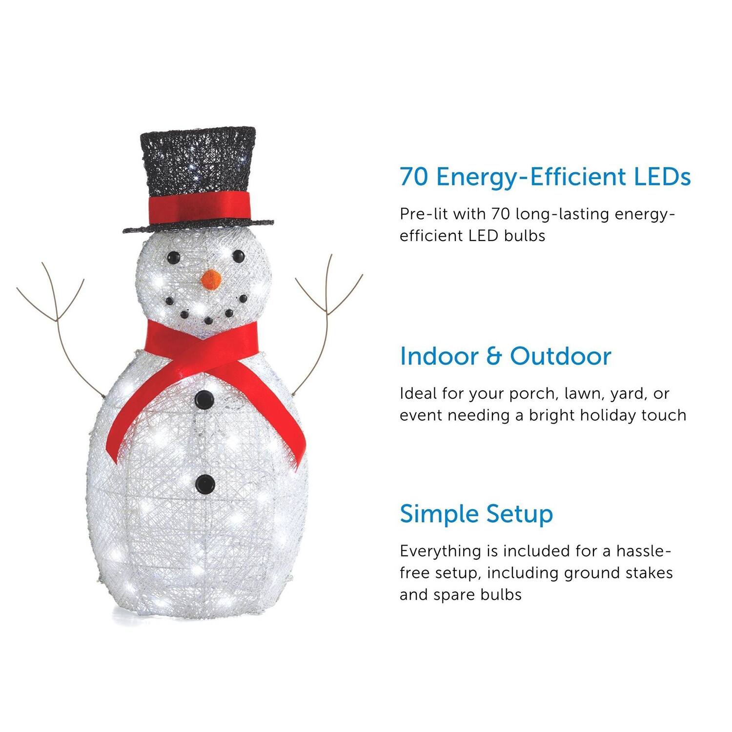 70 Energy-Efficient LEDs  
Pre-lit with 70 long-lasting energy-efficient LED bulbs  

Indoor & Outdoor  
Ideal for your porch, lawn, yard, or event needing a bright holiday touch  

Simple Setup  
Everything is included for a hassle-free setup, including ground stakes and spare bulbs