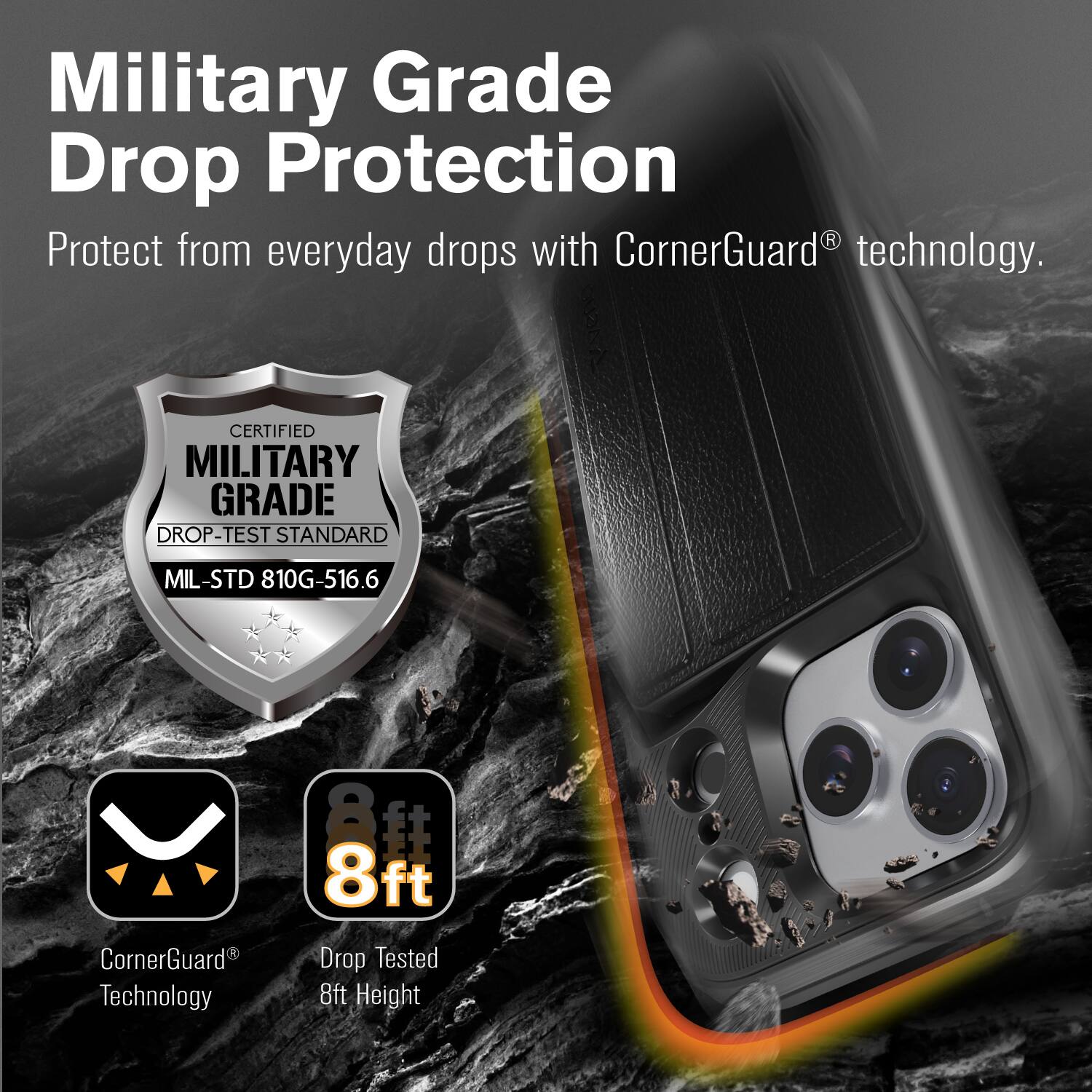 Military Grade Drop Protection  
Protect from everyday drops with CornerGuard® technology.  

CERTIFIED MILITARY GRADE DROP-TEST STANDARD  
MIL-STD 810G-516.6  

CornerGuard® Technology  
Drop Tested 8ft Height