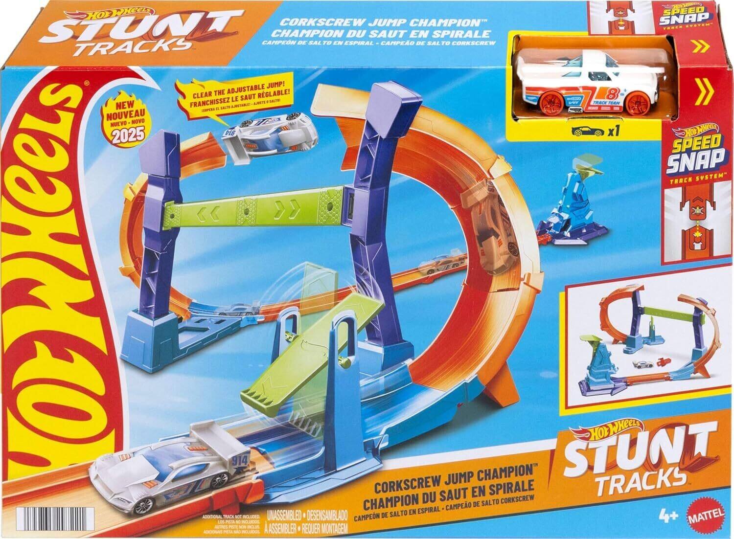 The text on the image can be grouped and corrected as follows:

**Product Name:**
- Hot Wheels Stunt Tracks
- Corkscrew Jump Champion™

**Features:**
- Speed Snap Track System
- Adjustable Jump
- Clear the Adjustable Jump!

**Language Variations:**
- Champion du Saut en Spirale
- Campeón de Salto en Espiral
- Campeão de Salto em Espiral

**Additional Information:**
- New Franchisseez le Saut
- Nuevo - Novo
- 2025
- Additional Track Hot Wheels
- Unassembled - Desensamblado - Requiere Montagem

**Age Recommendation:**
- 4+

**Brand:**
- Mattel

**Other Details:**
- Hot Wheels Speed Snap
- Track System
- 914 Stunt Wheels
- Additional Track Hot Wheels
- Assembled - Requiere Montagem

This text describes the Hot Wheels Stunt Tracks Corkscrew Jump Champion™ toy, highlighting its features, language variations, additional information, age recommendation, brand, and other details.