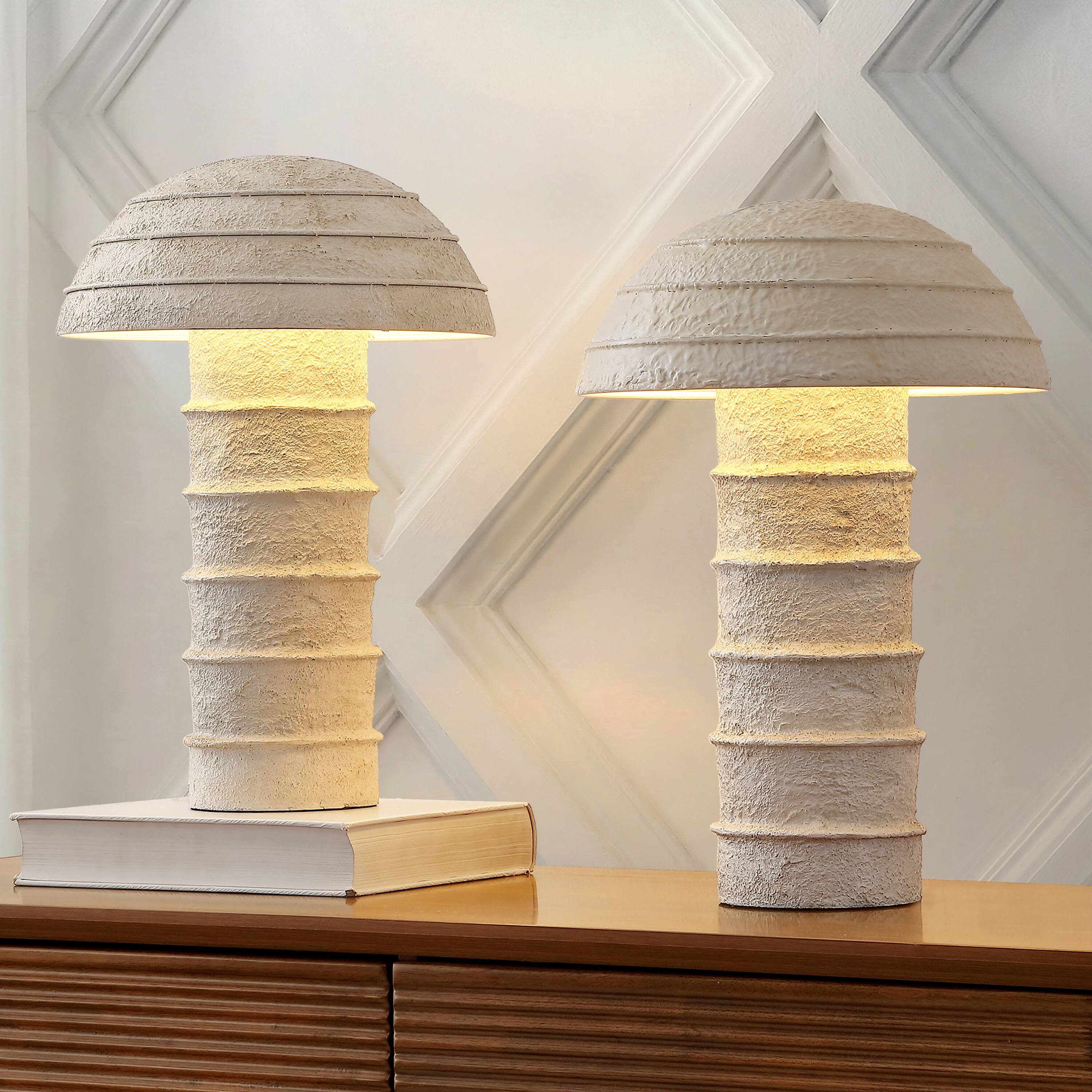 Alt View 1. Jonathan Y - Cremini 17.5 in. Modern Minimalist Plaster-Look Ribbed Mushroom Resin Cylinder LED Table Lamp, Cream (Set of 2) - Cream.