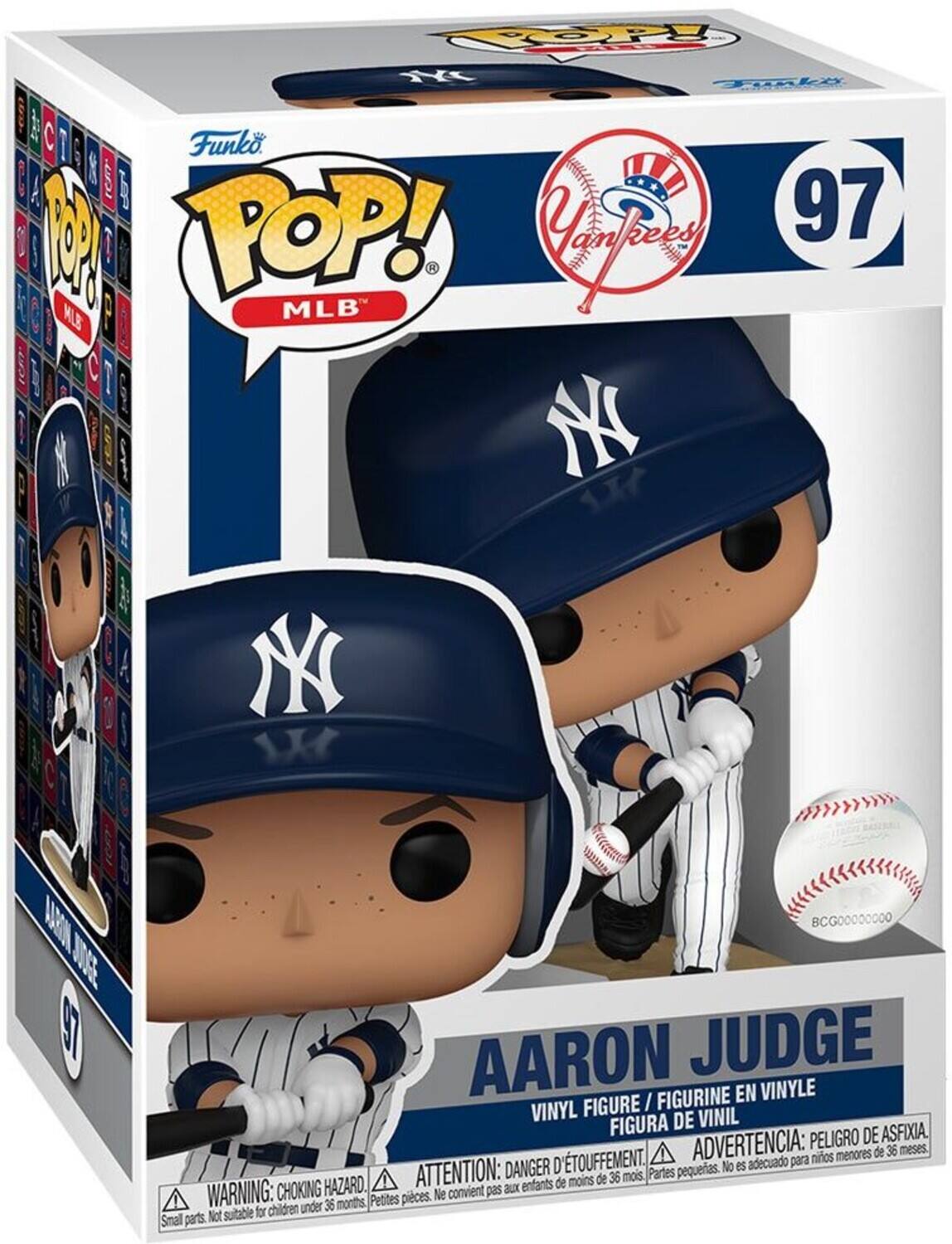 Funko POP! MLB  
97  
Aaron Judge  
Vinyl Figure / Figurine en Vinyle / Figura de Vinil  
Warning: Choking Hazard. Small parts. Not suitable for children under 36 months.  
Attention: Danger d'étouffement. Ne convient pas aux enfants de moins de 36 mois.  
Advertencia: Peligro de asfixia. No es adecuado para niños menores de 36 meses.  
BCG00000000