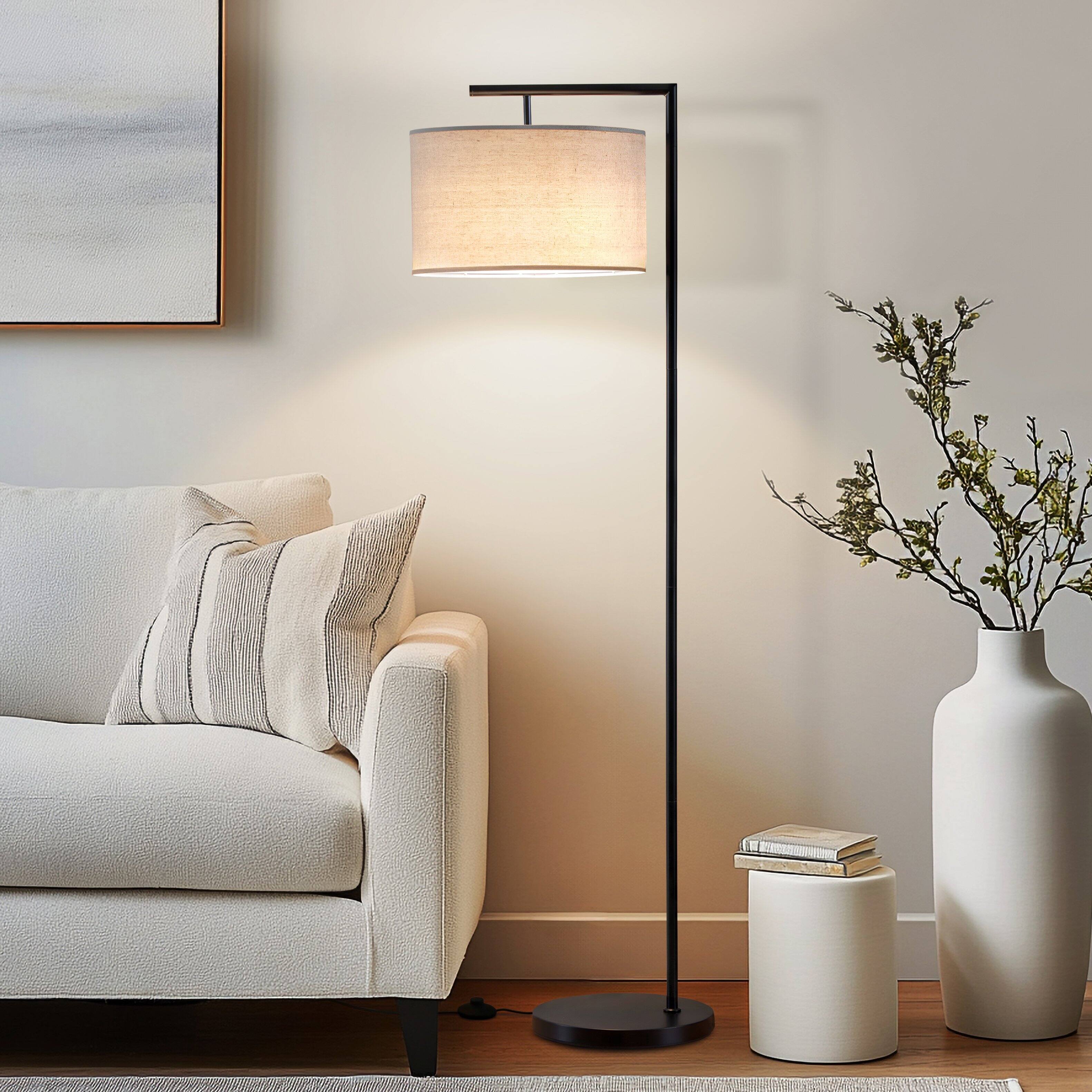 Angle. Brightech - Montage Modern LED Midcentury Modern Arc Super Bright Floor Lamp with Beige Fabric Drum Shade - Classic Matte Black.