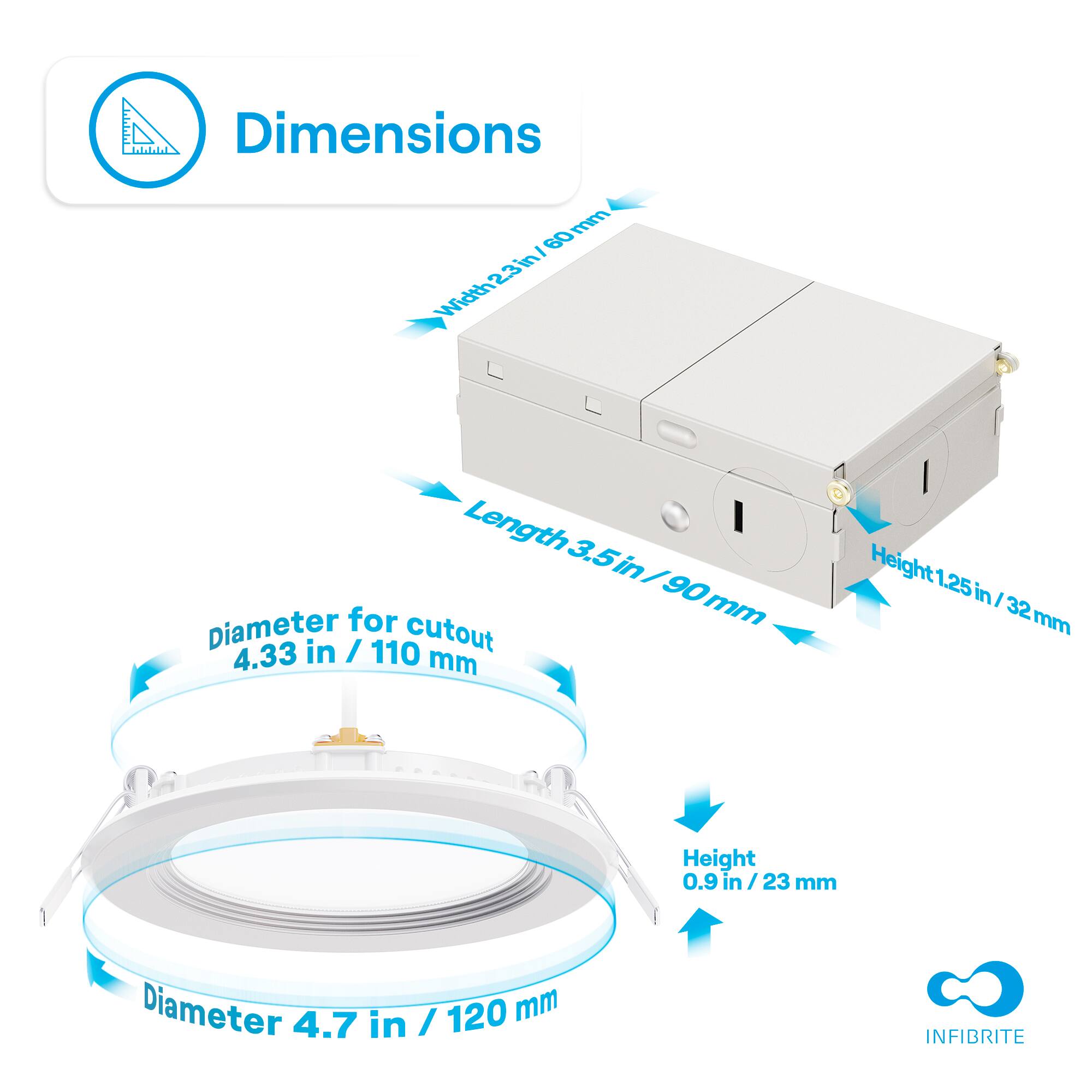 Dimensions:

- Width: 23 in / 60 mm
- Length: 3.5 in / 90 mm
- Height: 1.25 in / 32 mm

Diameter for cutout: 4.33 in / 110 mm

Diameter: 4.7 in / 120 mm

Height: 0.9 in / 23 mm

INFIBRITE
