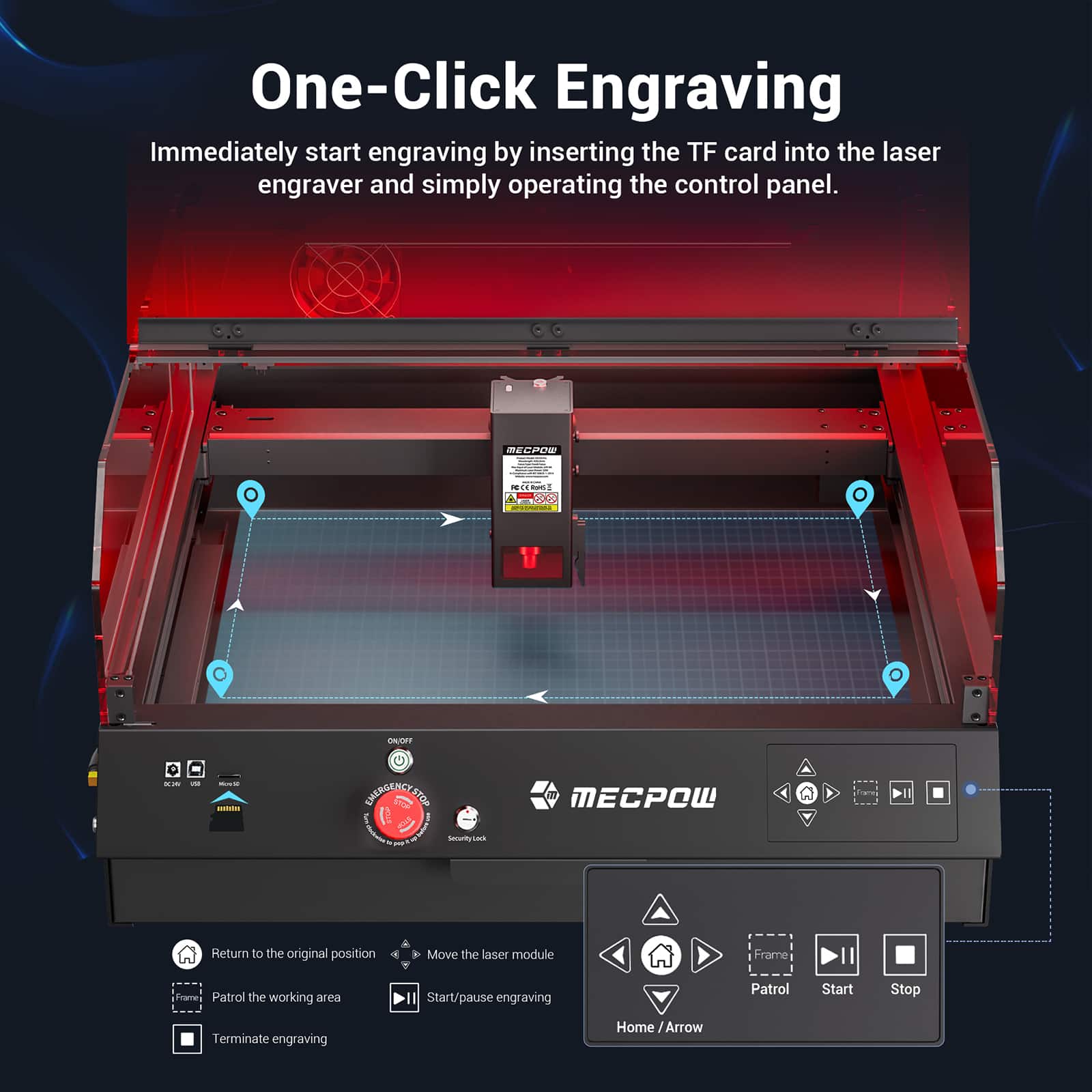 One-Click Engraving: Immediately start engraving by inserting the TF card into the laser engraver and simply operating the control panel.
The text on the image is grouped and corrected as follows:
1. One-Click Engraving: Immediately start engraving by inserting the TF card into the laser engraver and simply operating the control panel.
2. m0daw - A5 OA/OFF -- - - - - - - - - - - - - - - - - - - - - - - - - - - - - - - - - - - - - - - - - - - - - - - - - - - - - - - - - - - - - - - - - - - - - - - - - - - - - - - - - - - - - - - - - - - - - - - - - - - - - - - - - - - - - - - - - - - - - - - - - - - - - - - - - - - - - - - - - - - - - - - - - - - - - - - - - - - - - - - - - - - - - - - - - - - - - - - - - - - - - - - - - - - - - - - - - - - - - - - - - - - - - - - - - - - - - - - - - - - - - - - - - - - - - - - - - - - - - - - - - - - - - - - - - - - - - - - - - - - - - - - - - - - - - - - - - - - - - - - - - - - - - - - - - - - - - - - - - - - - - - - - - - - - - - - - - - - - - - - - - - - - - - - - - - - - - - - - - - - - - - - - - - - - - - - - - - - - - - - - - - - - - - - - - - - - - - - - - - - - - - - - - - - - - - - - - - - - - - - - - - - - - - - - - - - -