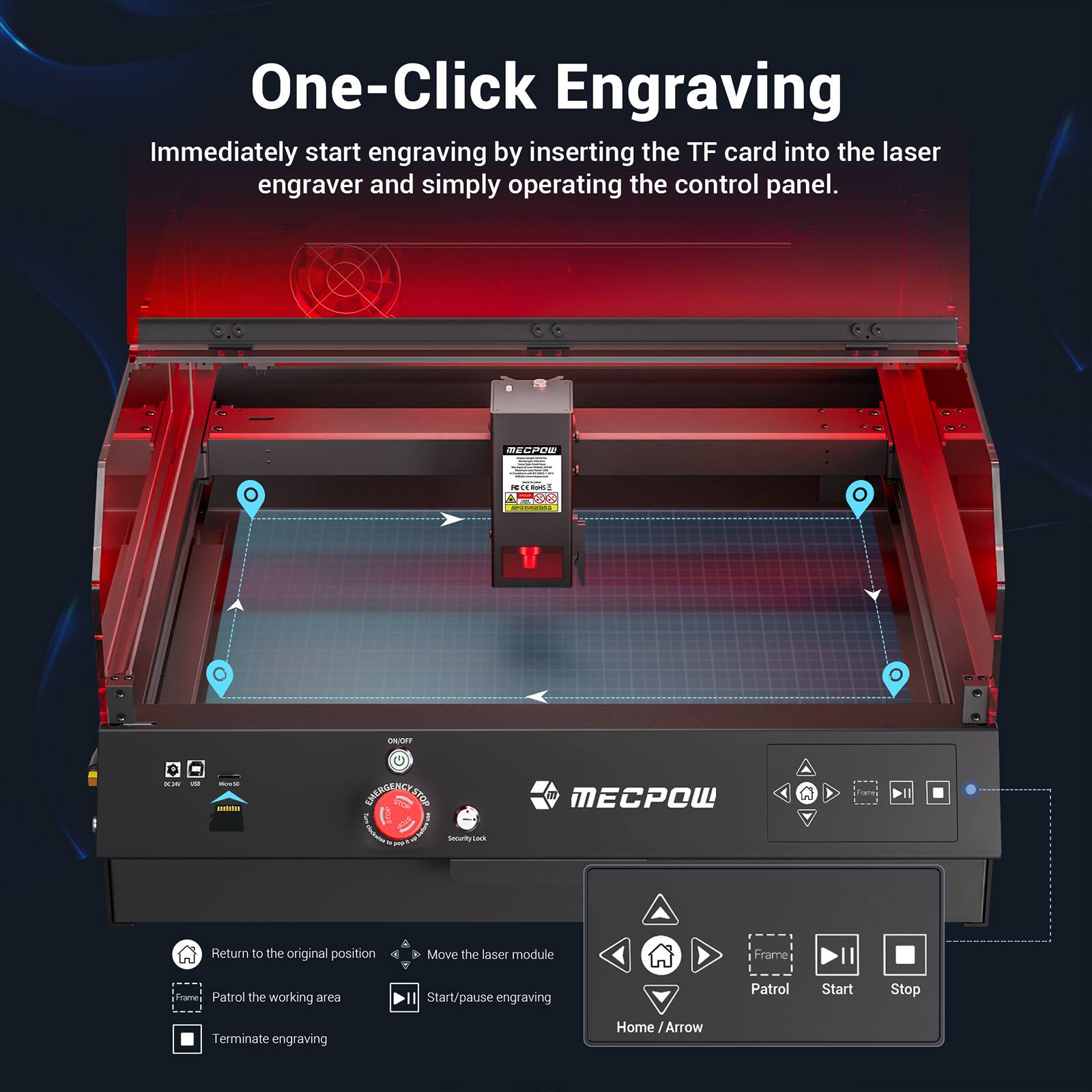 One-Click Engraving: Immediately start engraving by inserting the TF card into the laser engraver and simply operating the control panel.

The text on the image is grouped and corrected as follows:

1. One-Click Engraving: Immediately start engraving by inserting the TF card into the laser engraver and simply operating the control panel.
2. m0daw - A5 OA/OFF -- - - - - - - - - - - - - - - - - - - - - - - - - - - - - - - - - - - - - - - - - - - - - - - - - - - - - - - - - - - - - - - - - - - - - - - - - - - - - - - - - - - - - - - - - - - - - - - - - - - - - - - - - - - - - - - - - - - - - - - - - - - - - - - - - - - - - - - - - - - - - - - - - - - - - - - - - - - - - - - - - - - - - - - - - - - - - - - - - - - - - - - - - - - - - - - - - - - - - - - - - - - - - - - - - - - - - - - - - - - - - - - - - - - - - - - - - - - - - - - - - - - - - - - - - - - - - - - - - - - - - - - - - - - - - - - - - - - - - - - - - - - - - - - - - - - - - - - - - - - - - - - - - - - - - - - - - - - - - - - - - - - - - - - - - - - - - - - - - - - - - - - - - - - - - - - - - - - - - - - - - - - - - - - - - - - - - - - - - - - - - - - - - - - - - - - - - - - - - - - - - - - - - - - - - - - -