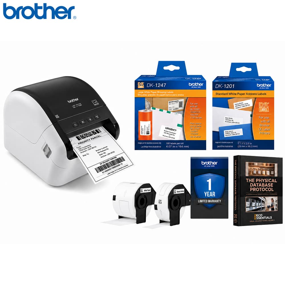 Brother - QL-1100 Wide Format Monochrome Label Printer w/ Deco Essentials Guide Bundle - White/Black