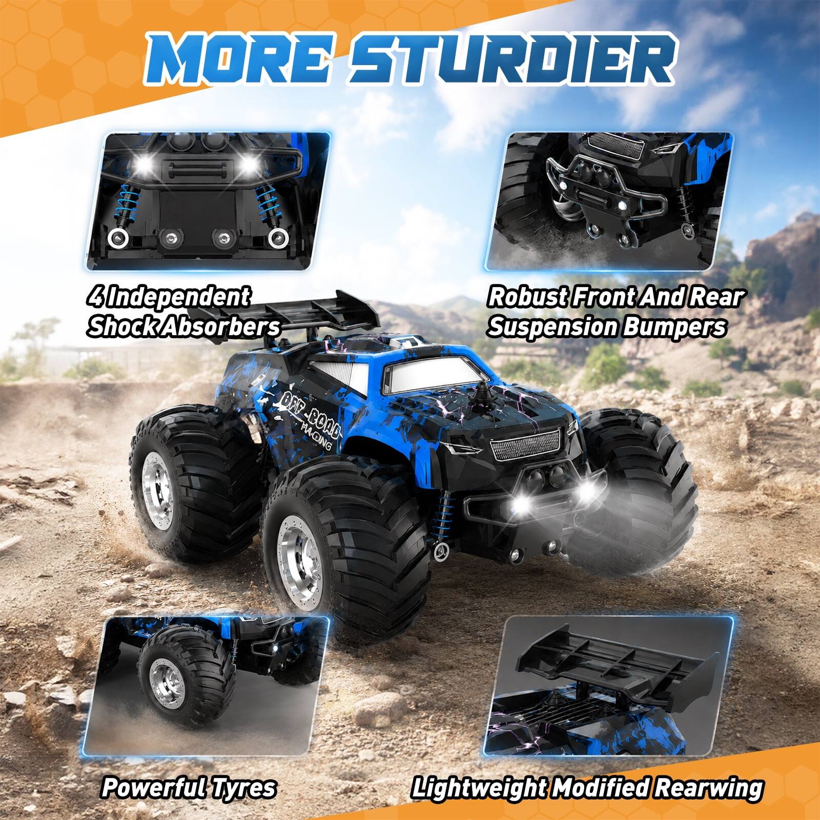 MORE STURDIER

4 Independent Shock Absorbers

Robust Front And Rear Suspension Bumpers

Powerful Tyres

Lightweight Modified Rearwing