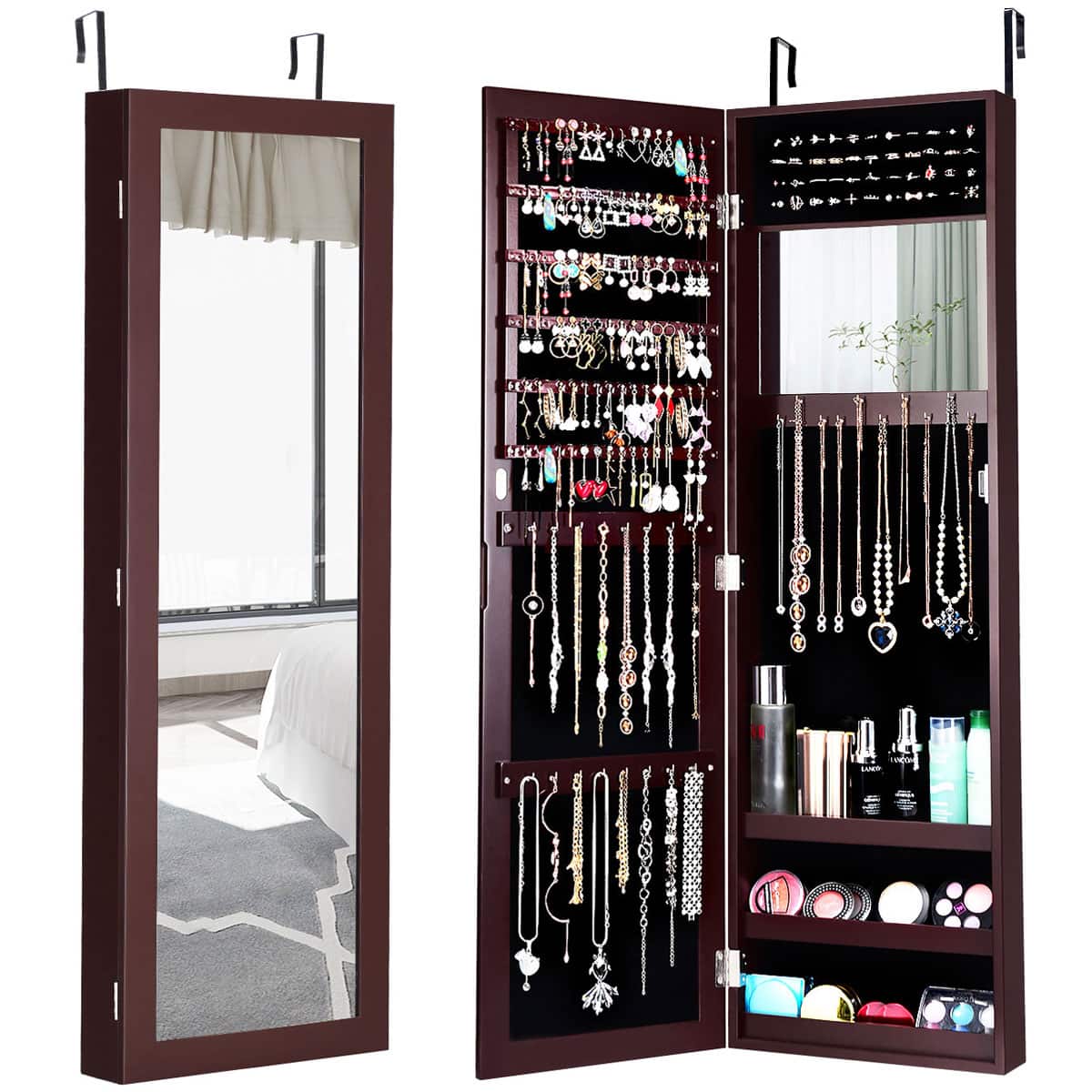 Front. Costway - Wall Door Mounted Mirrored Jewelry Cabinet Storage Organizer-Brown - Brown.