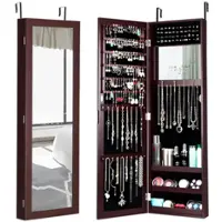 Costway - Wall Door Mounted Mirrored Jewelry Cabinet Storage Organizer - Brown - Front_Zoom