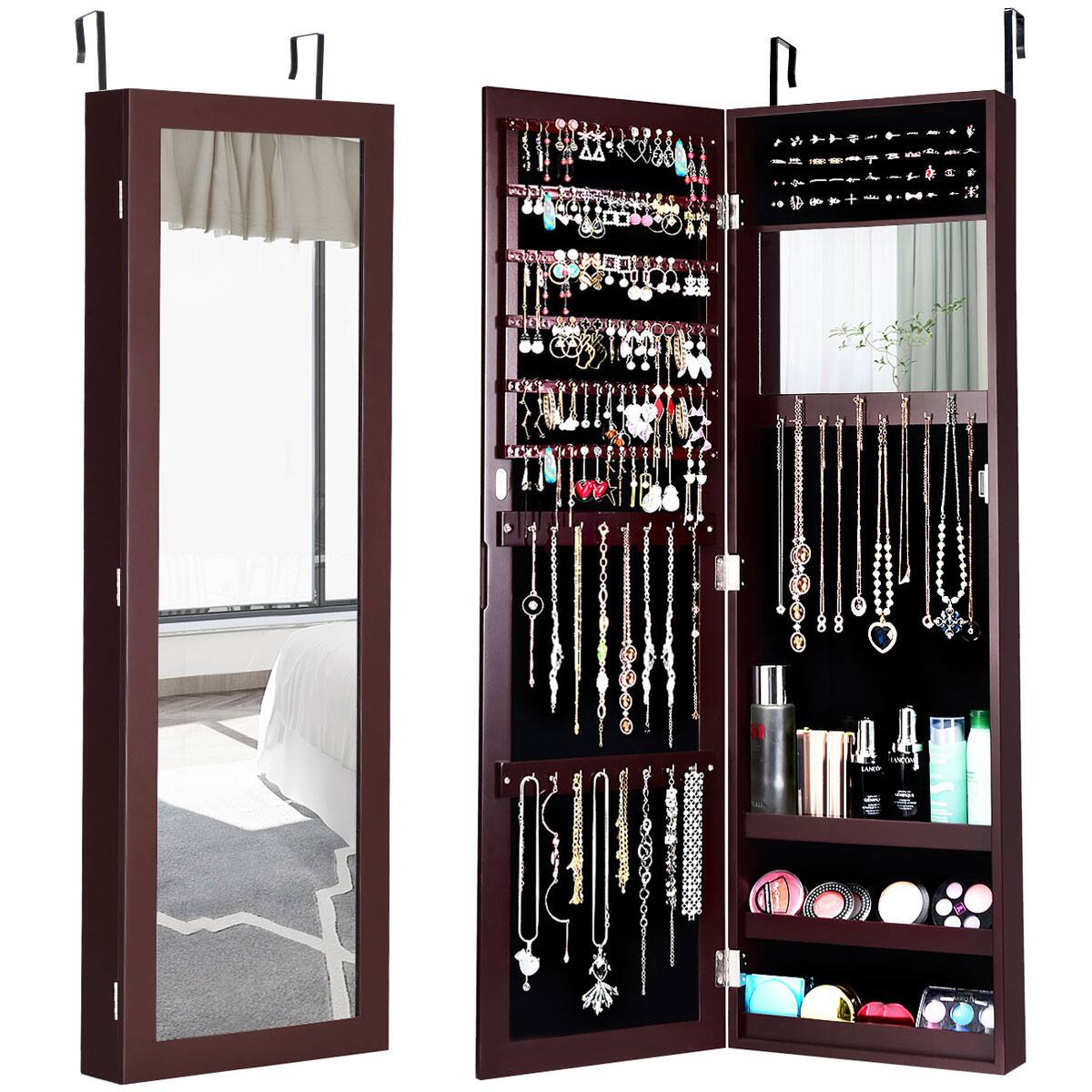 Front. Costway - Wall Door Mounted Mirrored Jewelry Cabinet Storage Organizer-Brown - Brown.