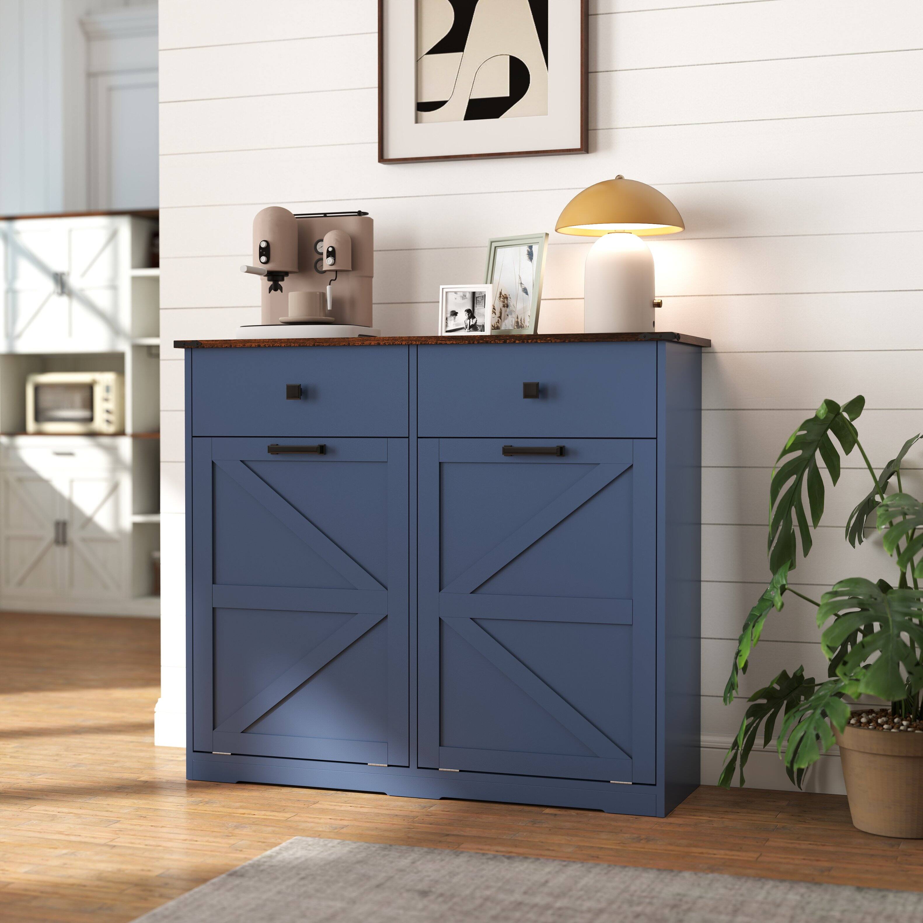Front. GOODSILO - Double Tilt Out Trash Cabinet - Farmhouse Style Kitchen Recycling Cabinet with Drawer - Antique Navy Blue.