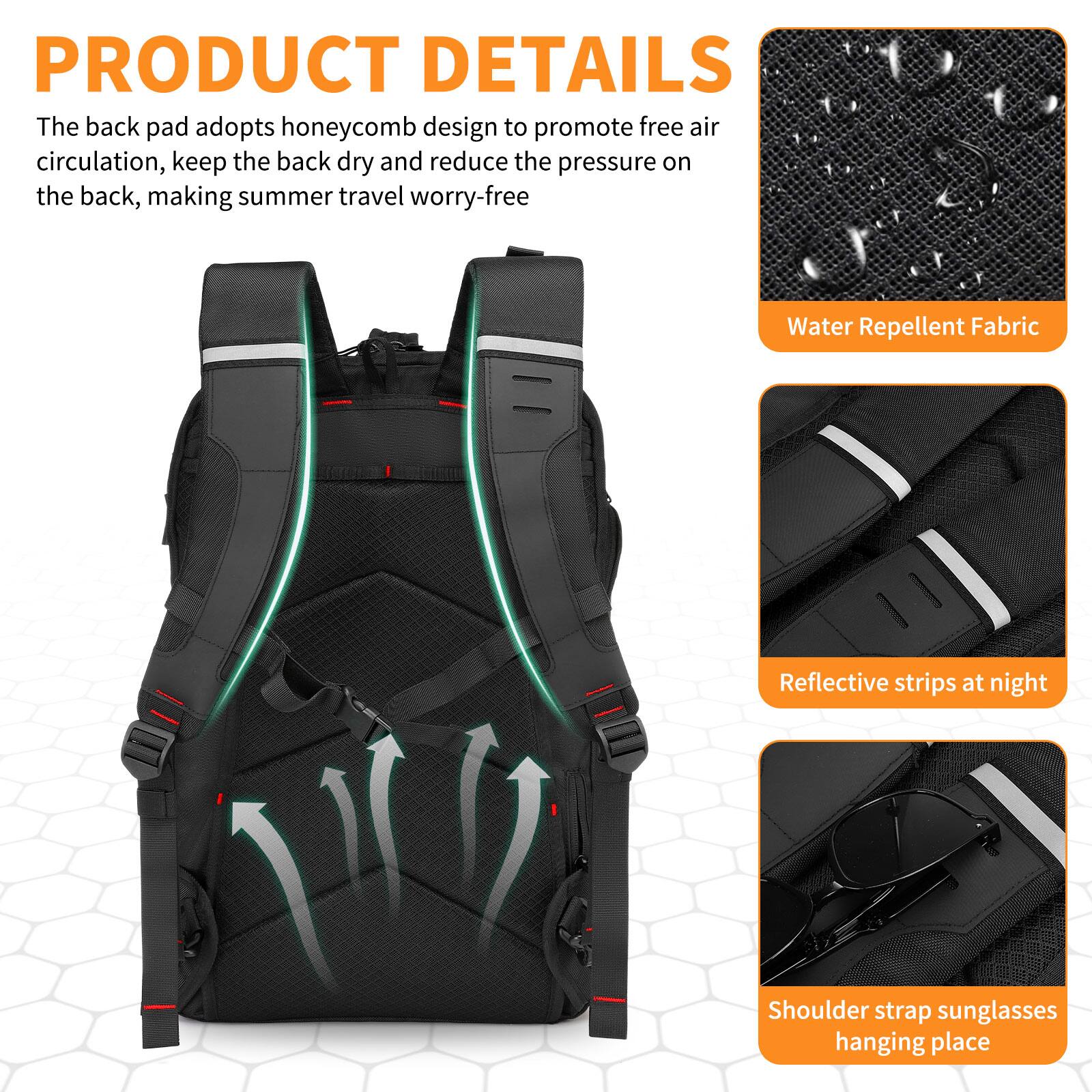 PRODUCT DETAILS

The back pad adopts honeycomb design to promote free air circulation, keep the back dry and reduce the pressure on the back, making summer travel worry-free

- Water Repellent Fabric
- Reflective strips at night
- Shoulder strap sunglasses hanging place