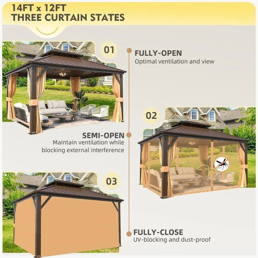 14FT x 12FT  
THREE CURTAIN STATES

01  
FULLY-OPEN  
Optimal ventilation and view

02  
SEMI-OPEN  
Maintain ventilation while blocking external interference

03  
FULLY-CLOSE  
UV-blocking and dust-proof