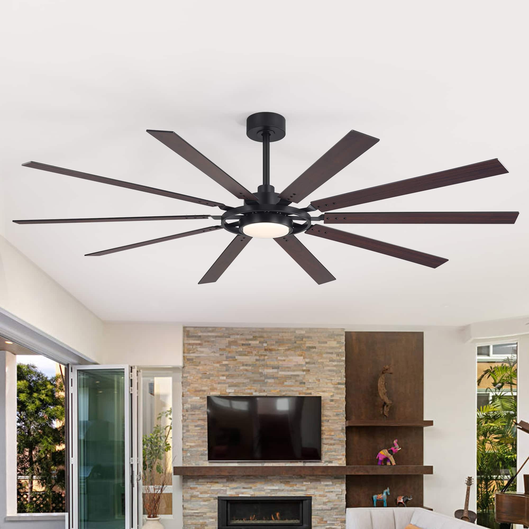 Breezary - 80-Inch Large Ceiling Fan with LED Light, 10 Blades, DC Motor, Reversible Airflow, 6 Speeds, Timer and Remote Control - Black and Walnut