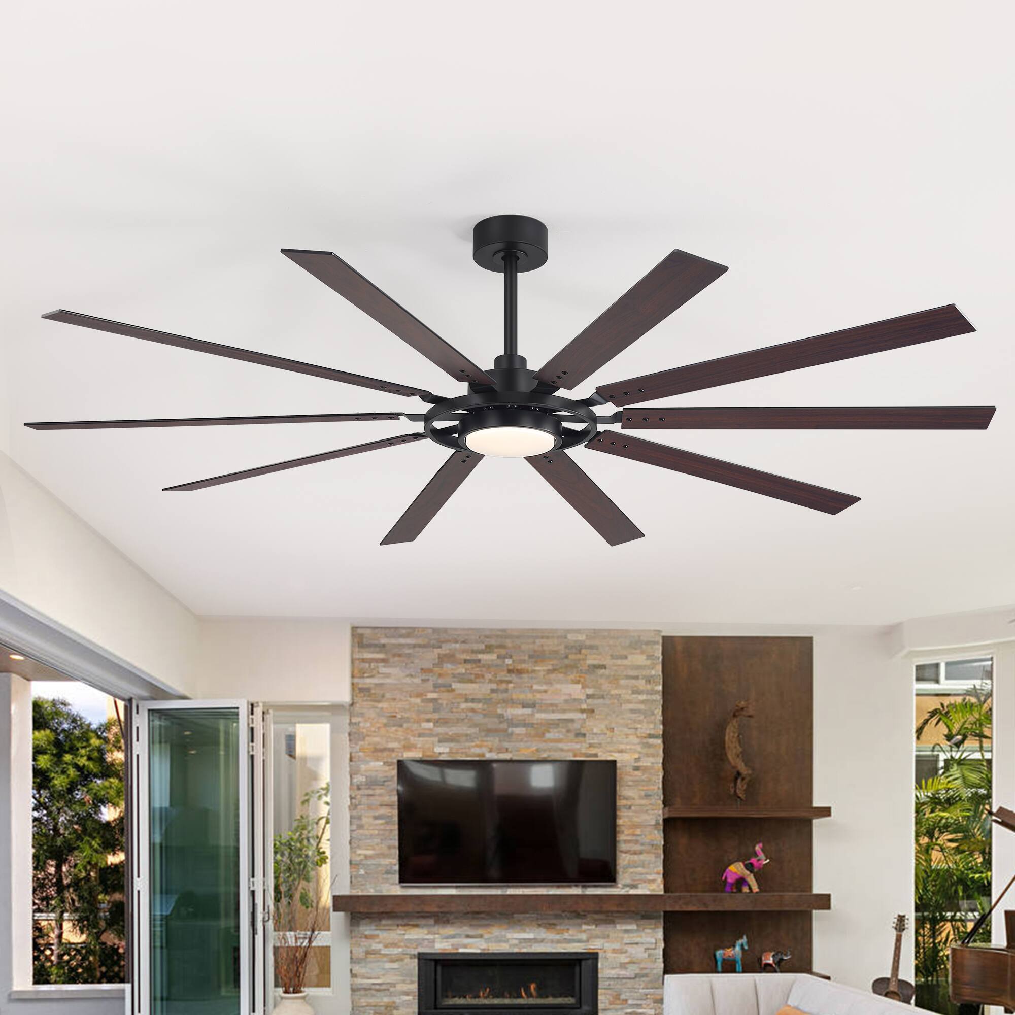 Front. Breezary - 80-Inch Large Ceiling Fan with LED Light, 10 Blades, DC Motor, Reversible Airflow, 6 Speeds, Timer and Remote Control - Black and Walnut.