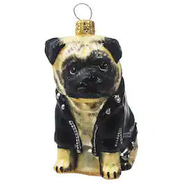 Joy to the World Collectibles - Joy to the World Pug in Motorcycle Jacket Polish Glass Christmas Ornament - Fawn