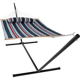 Sunnydaze - Large Quilted Fabric Hammock with Steel Stand - Nautical Stripe