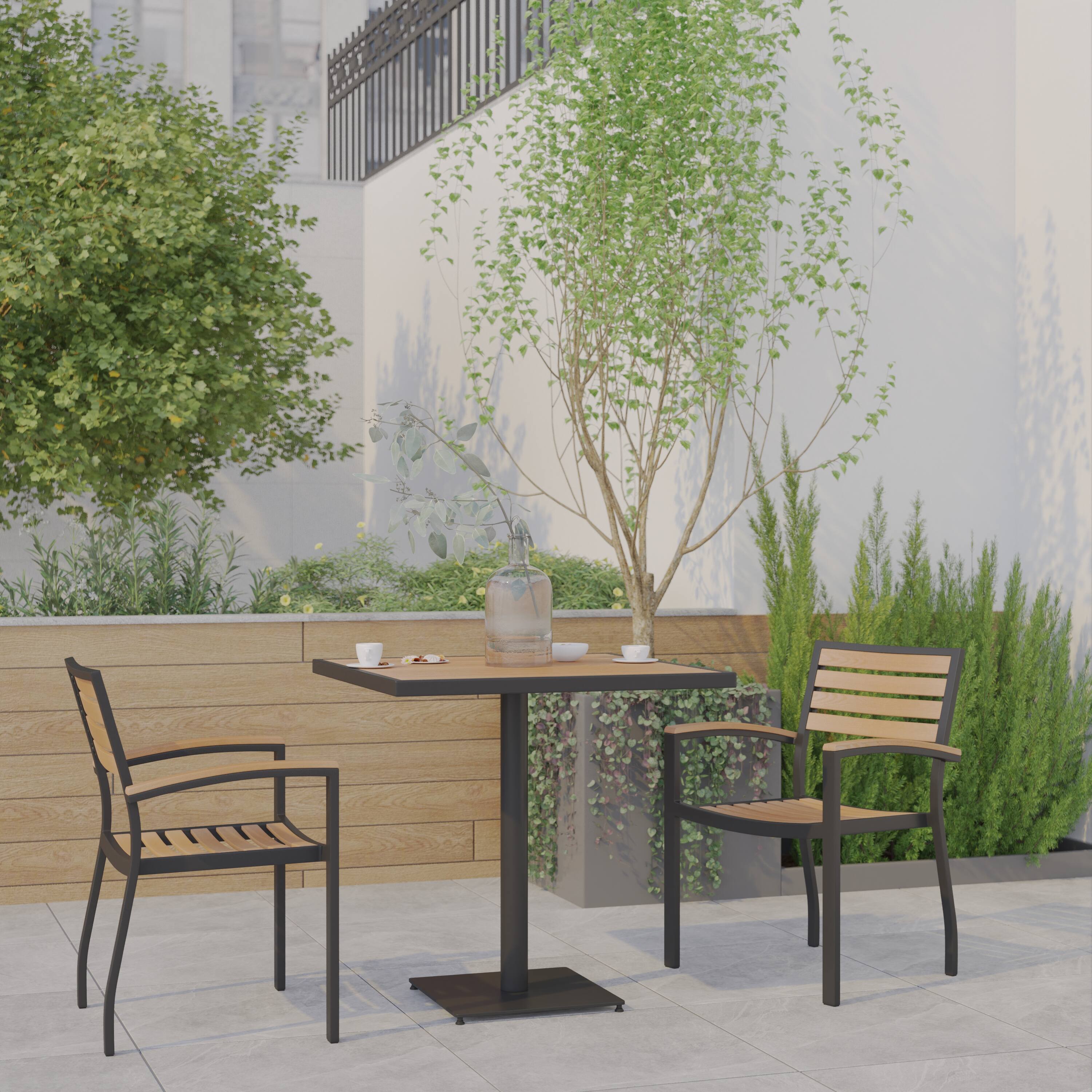 Alt View 1. Emma + Oliver - 3 Piece Outdoor Patio Dining Table Set with Faux Teak Table and Stackable Chairs with Accented Arms - Teak.