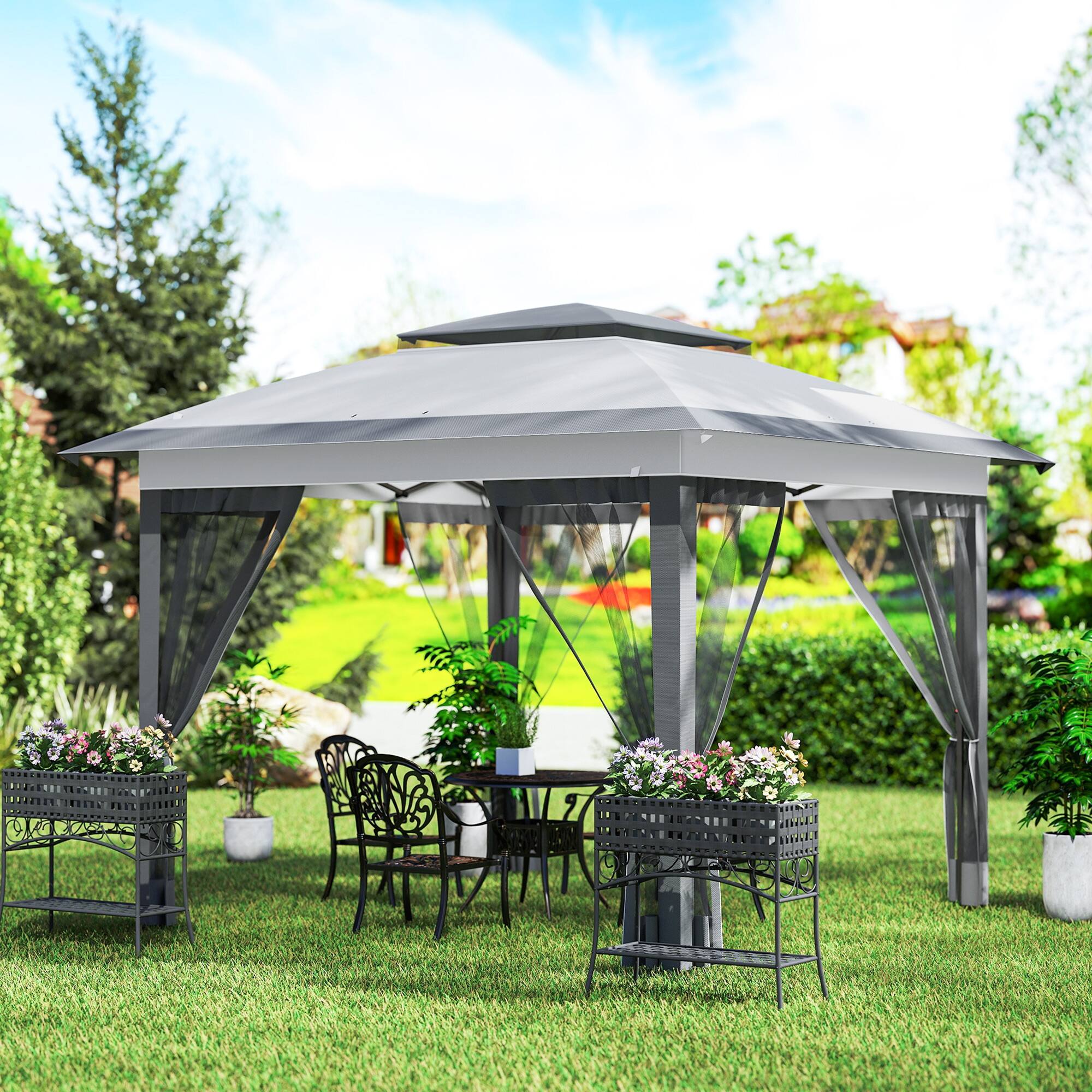 Alt View 8. Outsunny - 12' x 12' Pop Up Canopy with Mesh Sidewall Netting - Gray.