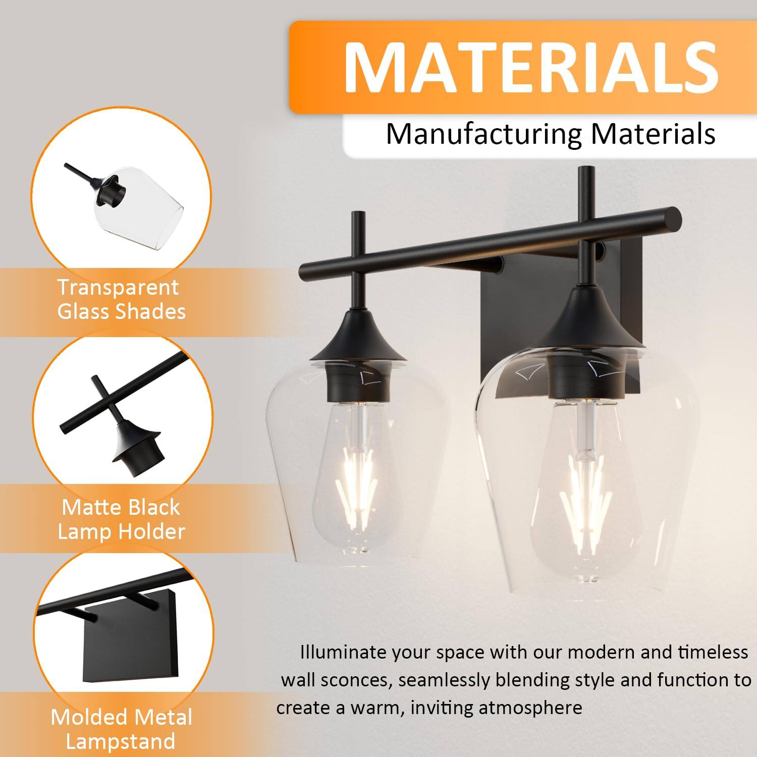 **MATERIALS**

**Manufacturing Materials**

- Transparent Glass Shades
- Matte Black Lamp Holder
- Molded Metal Lampstand

Illuminate your space with our modern and timeless wall sconces, seamlessly blending style and function to create a warm, inviting atmosphere.