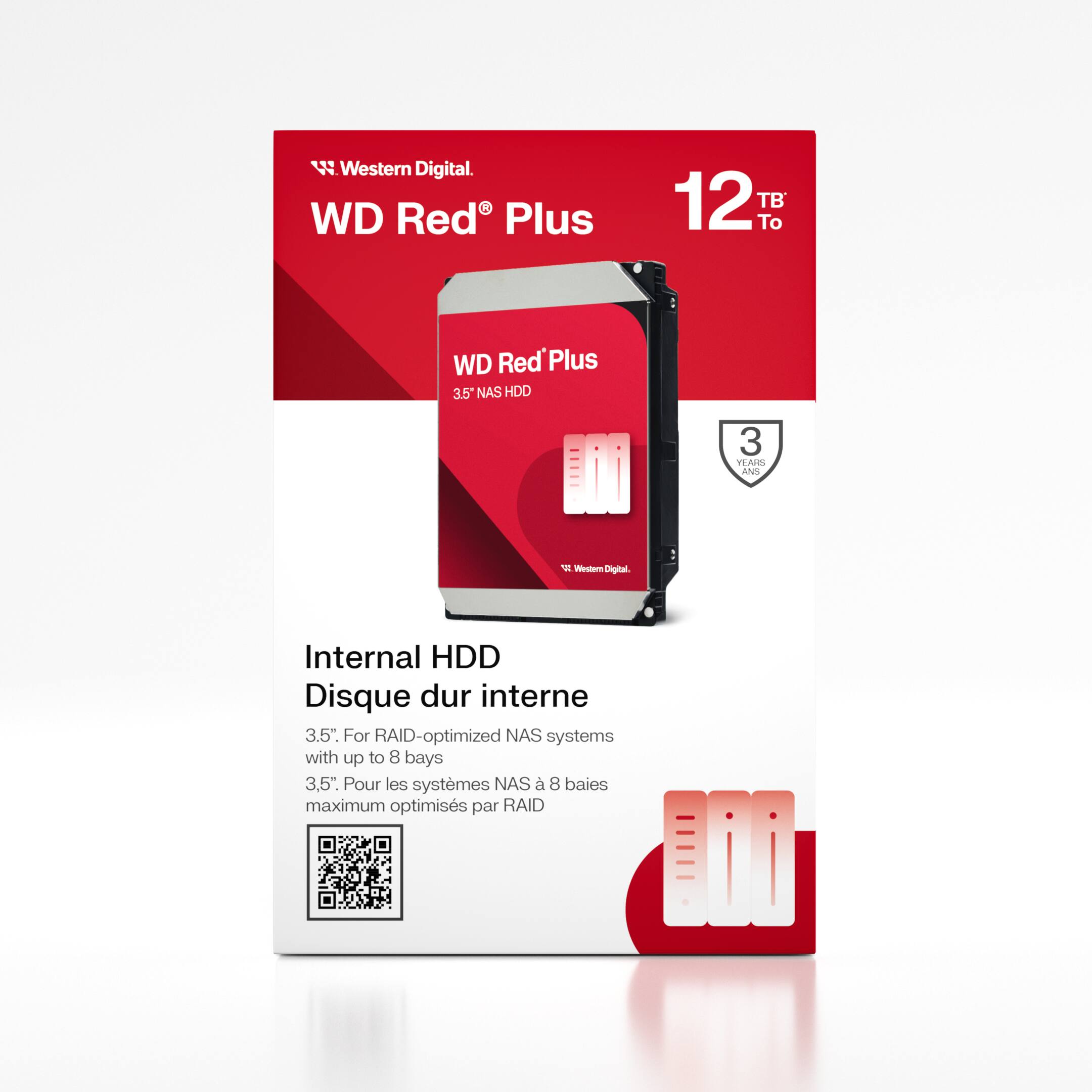 Western Digital  
WD Red Plus  
12 TB  
3.5" NAS HDD  

Internal HDD  
Disque dur interne 3.5"  

For RAID-optimized NAS systems with up to 8 bays  
3.5"  
Pour les systèmes NAS à 8 baies maximum optimisés par RAID  

3 Years Warranty