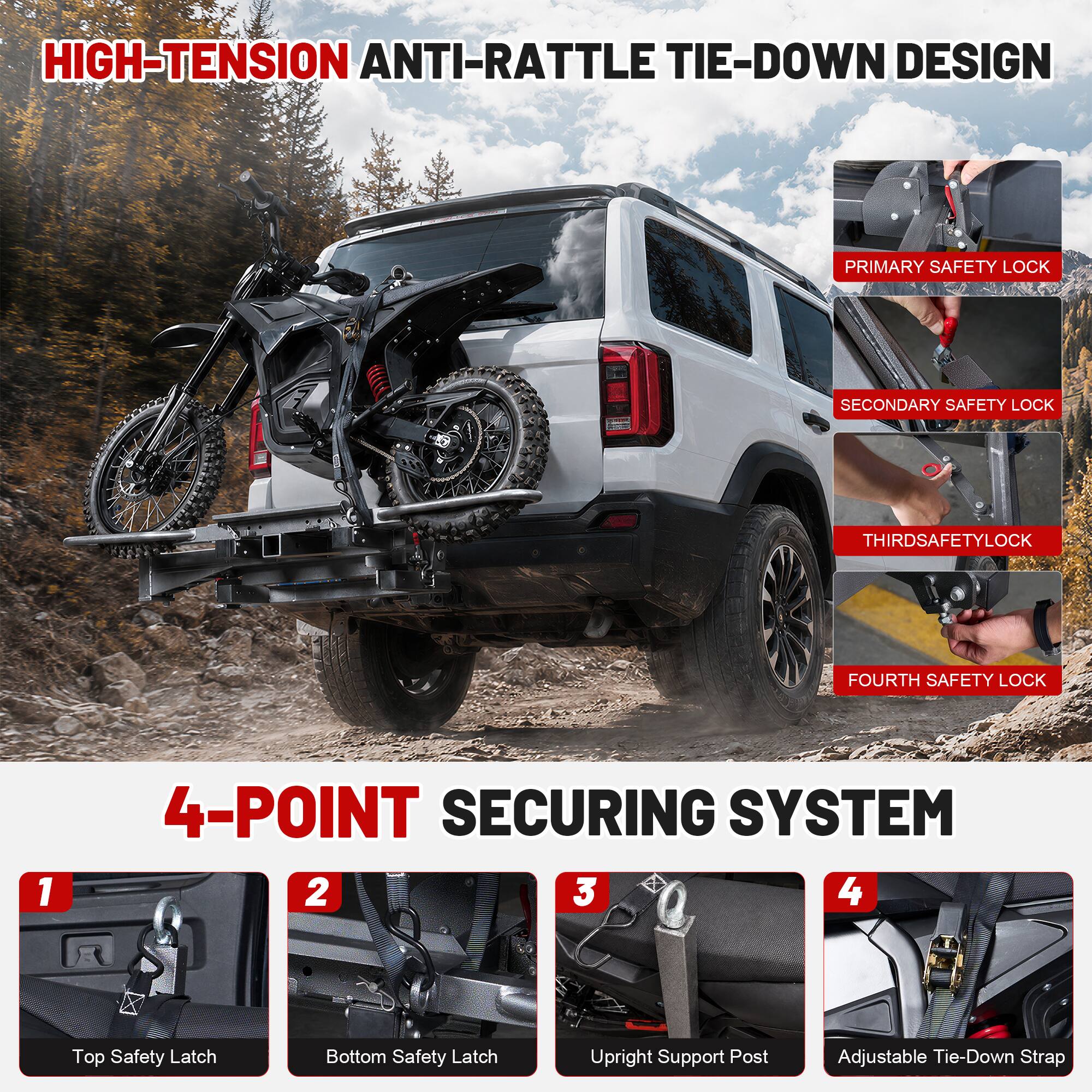 HIGH-TENSION ANTI-RATTLE TIE-DOWN DESIGN

PRIMARY SAFETY LOCK
SECONDARY SAFETY LOCK
THIRD SAFETY LOCK
FOURTH SAFETY LOCK

4-POINT SECURING SYSTEM

1. Top Safety Latch
2. Bottom Safety Latch
3. Upright Support Post
4. Adjustable Tie-Down Strap