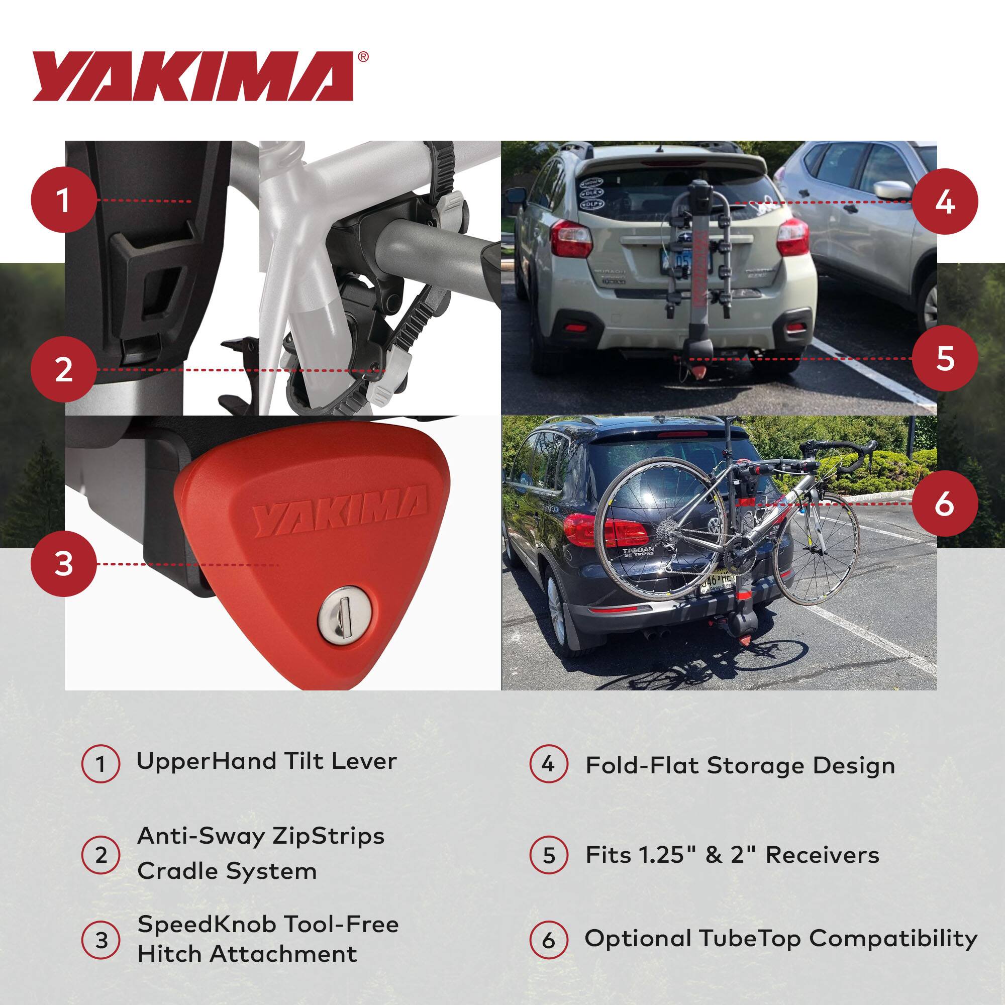 YAKIMA 1 - UpperHand Tilt Lever  
2 - Anti-Sway ZipStrips Cradle System  
3 - SpeedKnob Tool-Free Hitch Attachment  
4 - Fold-Flat Storage Design  
5 - Fits 1.25" & 2" Receivers  
6 - Optional TubeTop Compatibility
