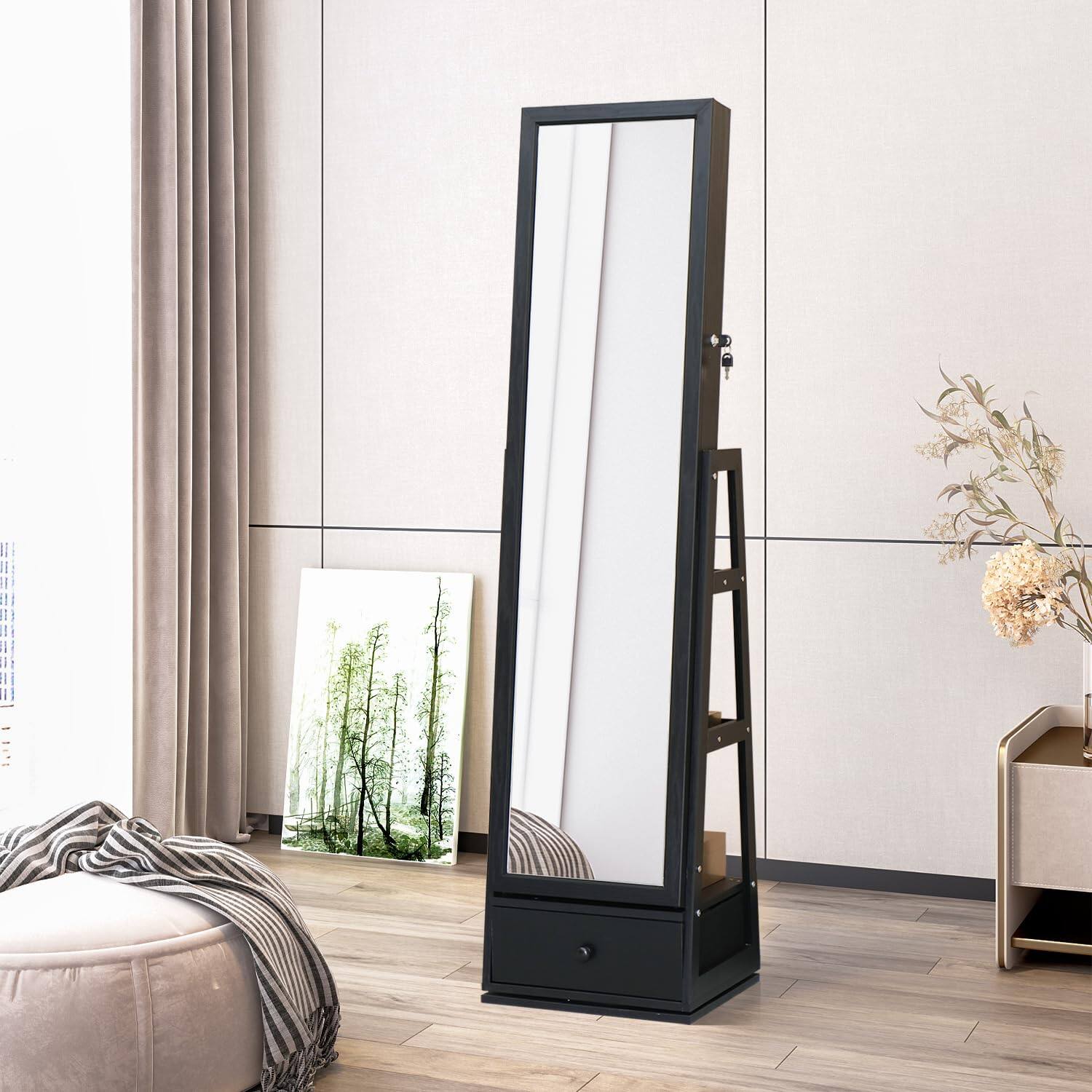 Alt View 3. Cedar Assembly - Full Length Mirror Jewelry Cabinet Standing With Built-In Mirror - 63.7 H Jewelry Armoire With Mirror 3 D... - Black 63.7*15.7.