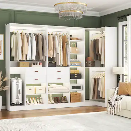 Front. Aheaplus - 71'' - 110'' W Closet System with Wooden Drawers, Hanging Rods and Adjustable Shelves - White.